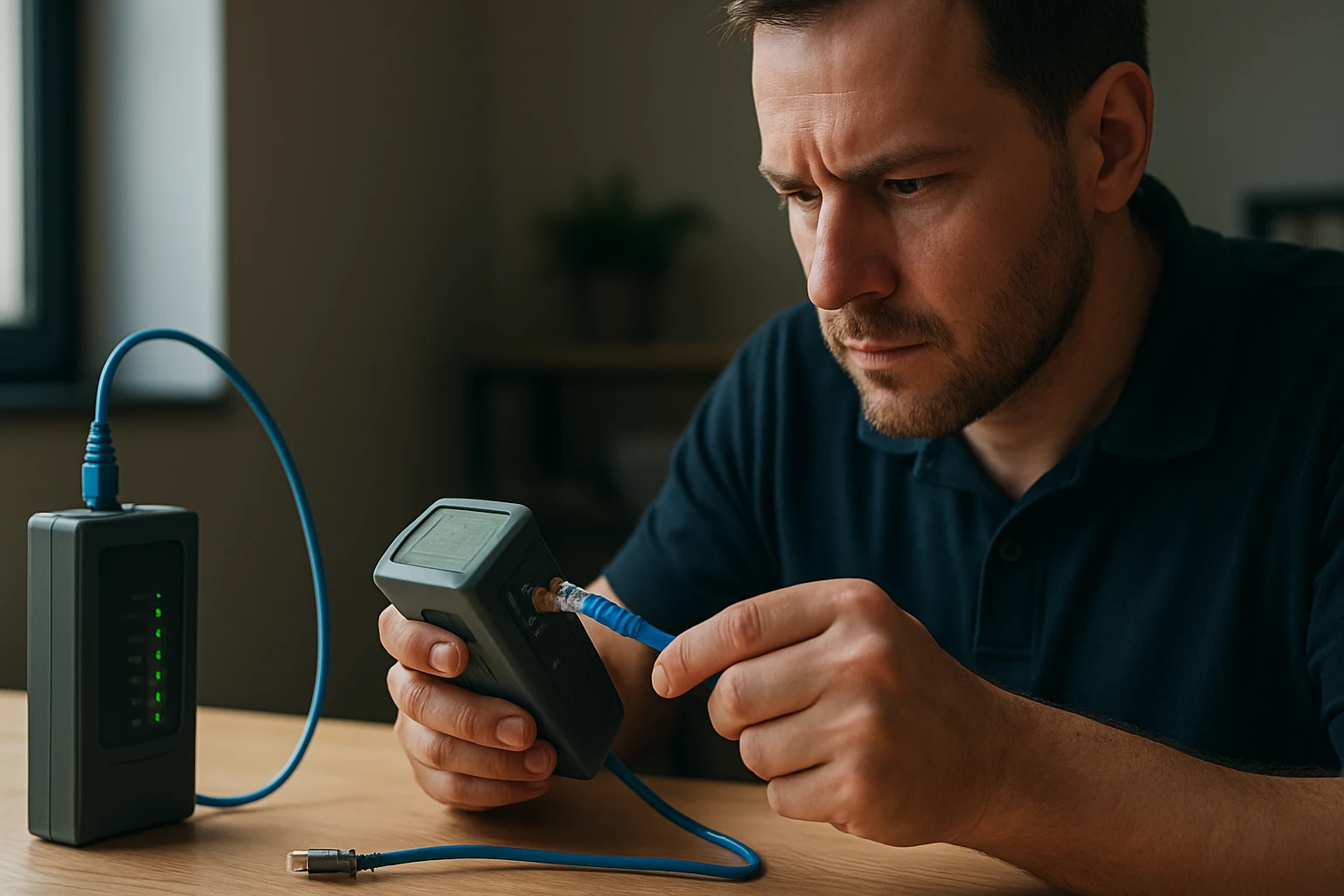 Muž testuje UTP káblový tester na diagnostiku sieťových problémov.