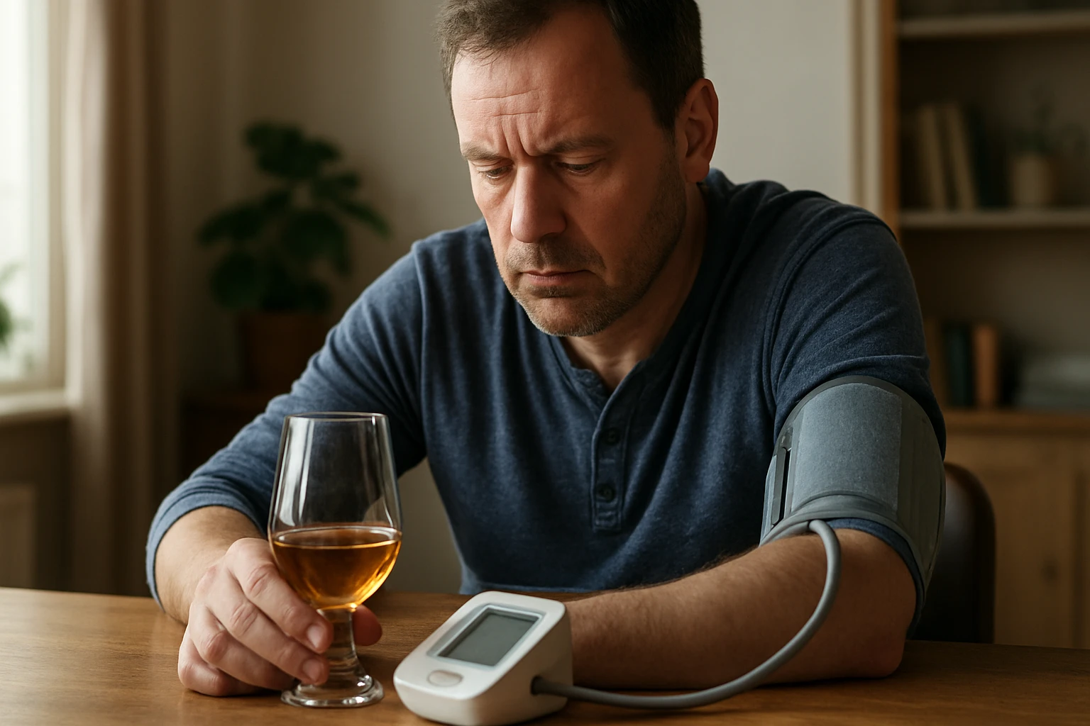 Muž s pálenkou a prístrojom na meranie krvného tlaku