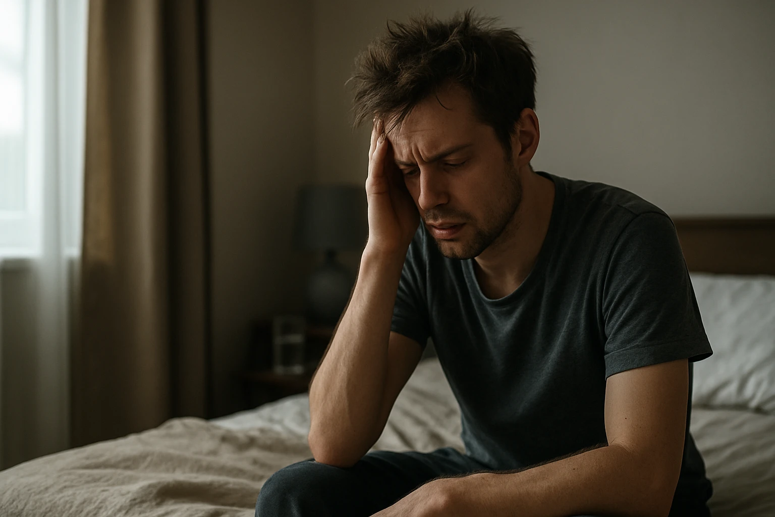 Muž s bolesťou hlavy po jazde na amfetamínoch