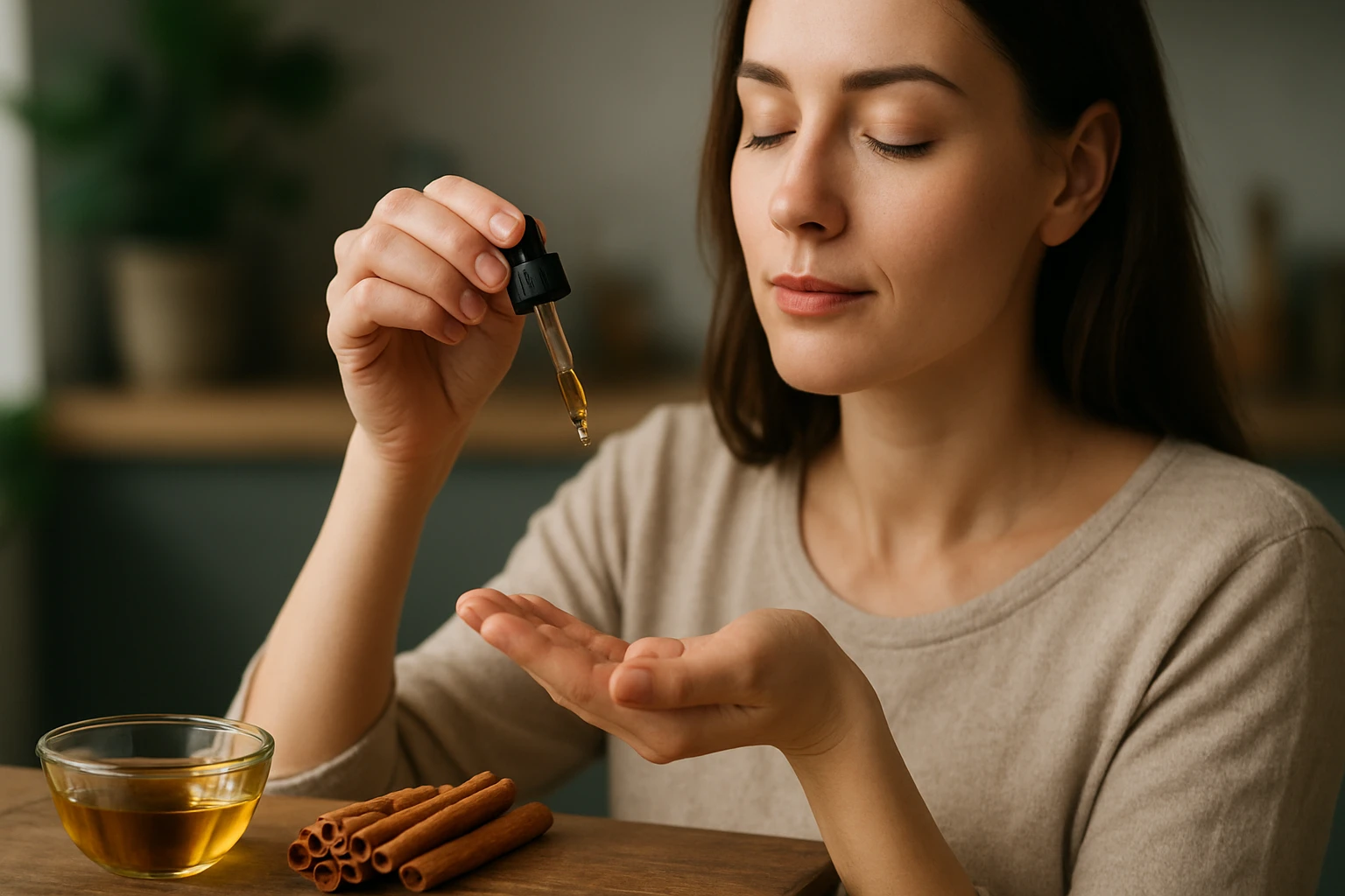 Žena s škoricovým olejom, pripravuje sa na aromaterapiu.