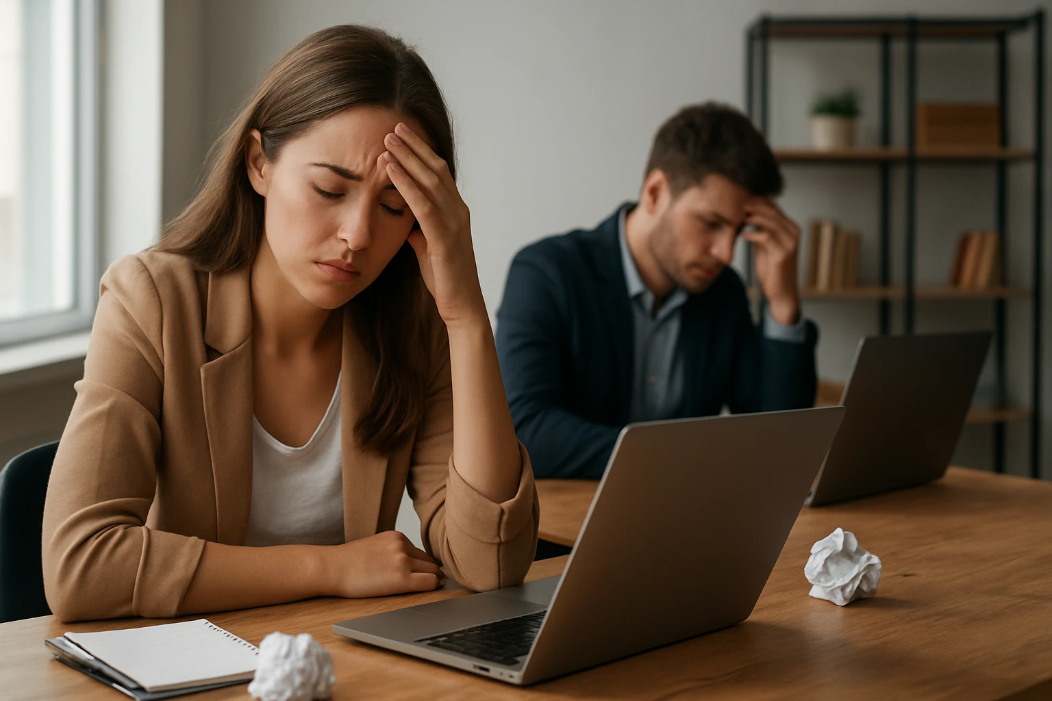 Mladí profesionáli za počítačmi, frustrovaní a unavení v práci.