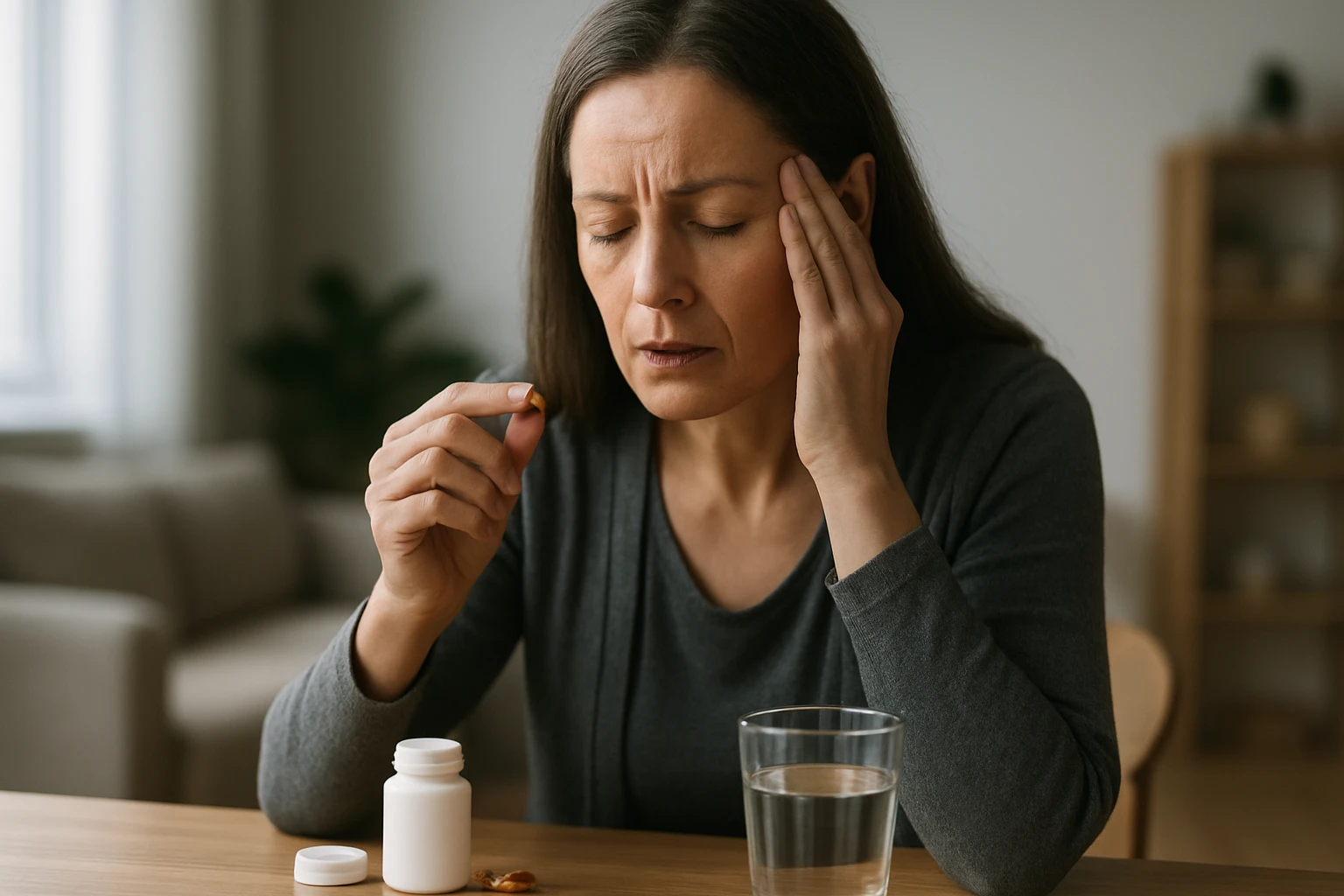 Žena trpiaca bolesťou hlavy, pripravujúca sa na užitie vitamínov.