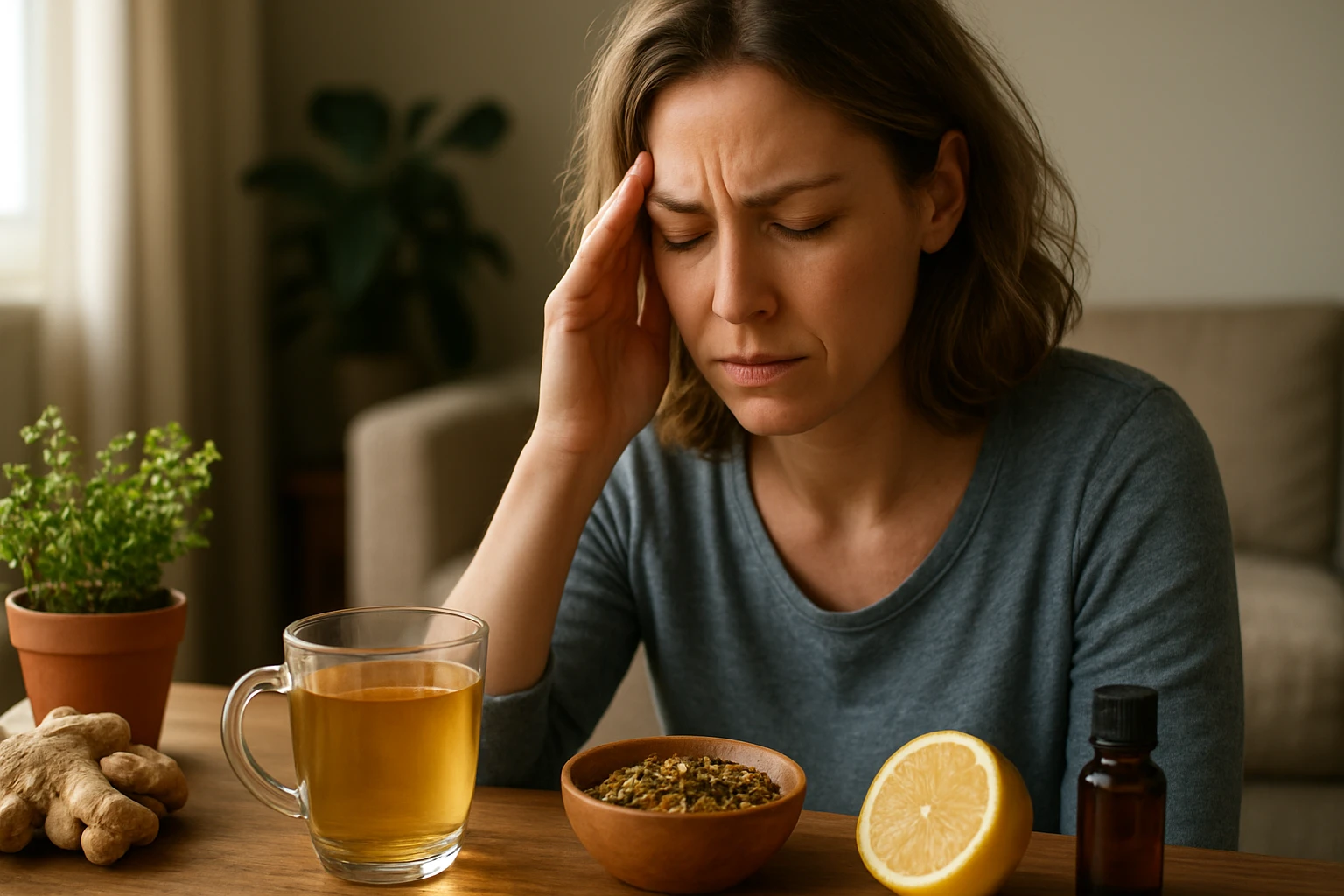 Žena s bolesťou hlavy, prírodné lieky na stole, ako čaj a bylinky.