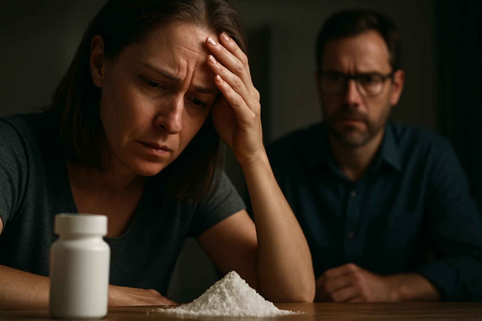 Žena s obavami sa pozerá na misku so soľou a liekmi.