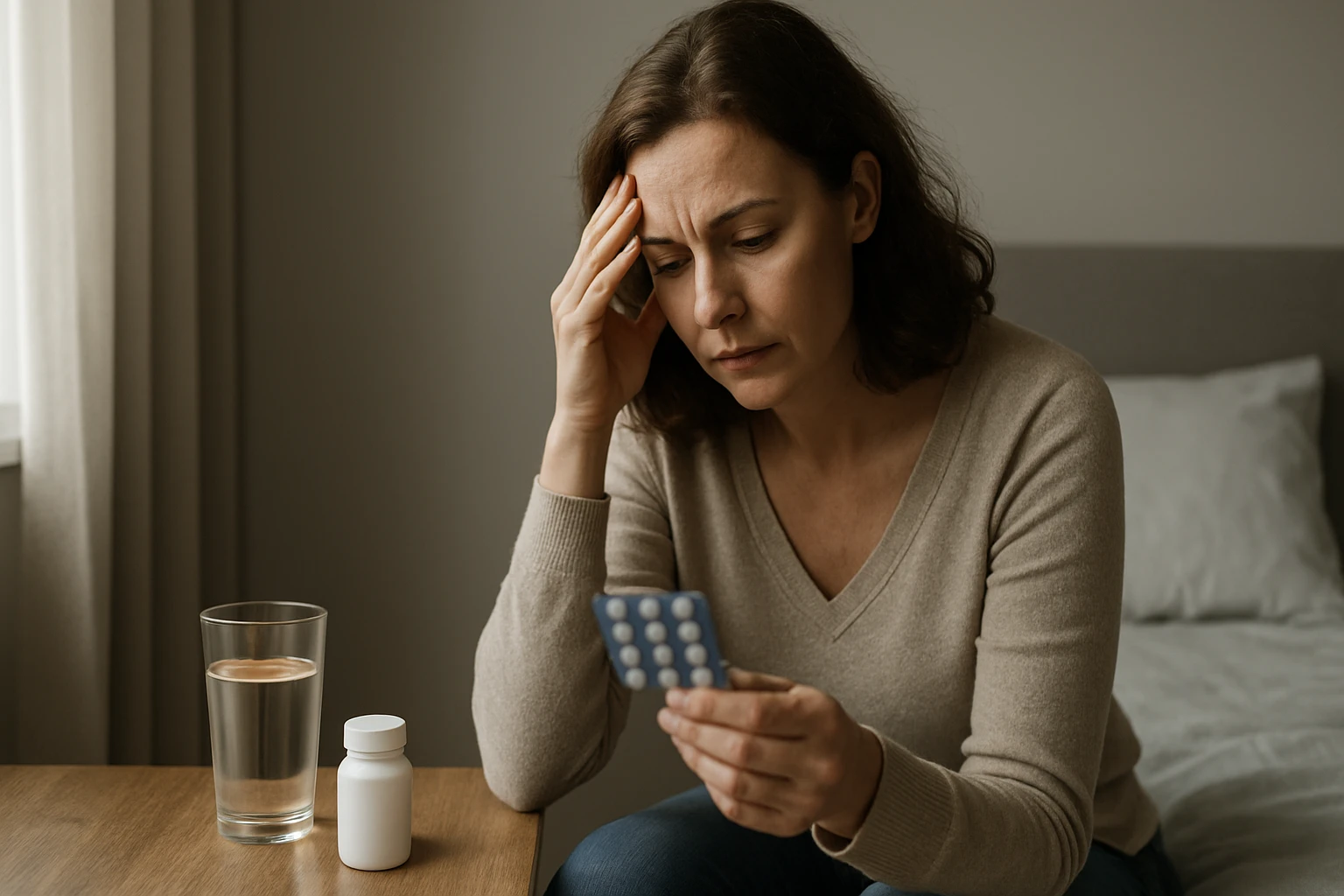 Žena s problémovým výrazom, drží balenie tabliet Kamagra