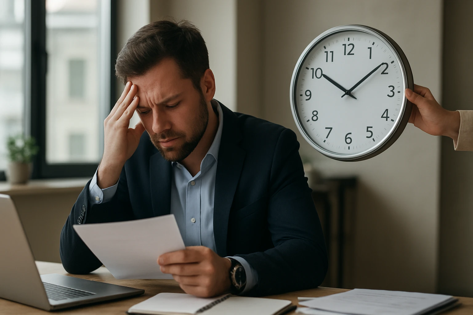 Zaneprázdnený profesionál čelí časovému stresu v kancelárii.