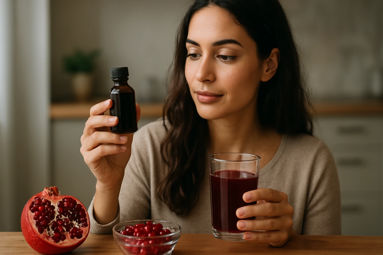 Žena drži granátový koncentrát a nápoj z granátového jablka.
