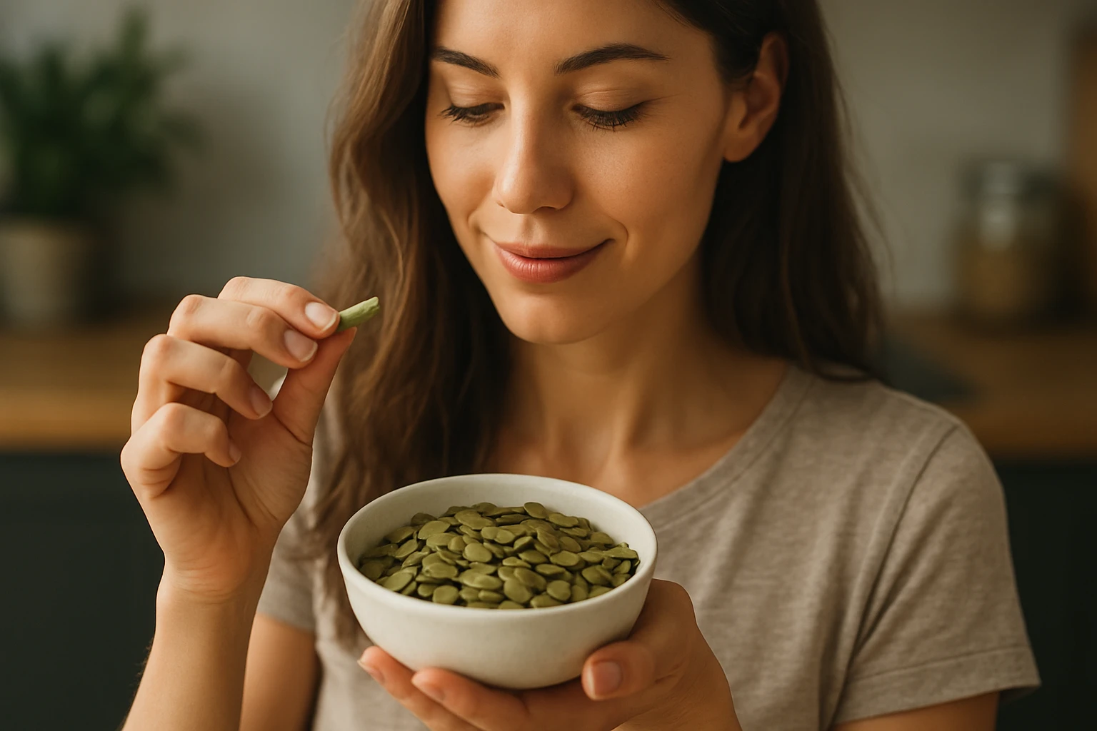 Žena si vychutnáva dyňové semienka z misky