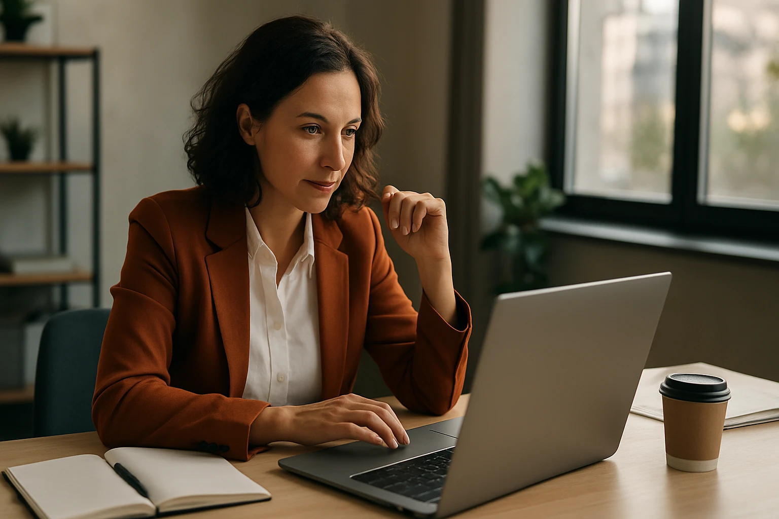 Žena v oblečení pri práci na počítači so zápisníkom a kávou