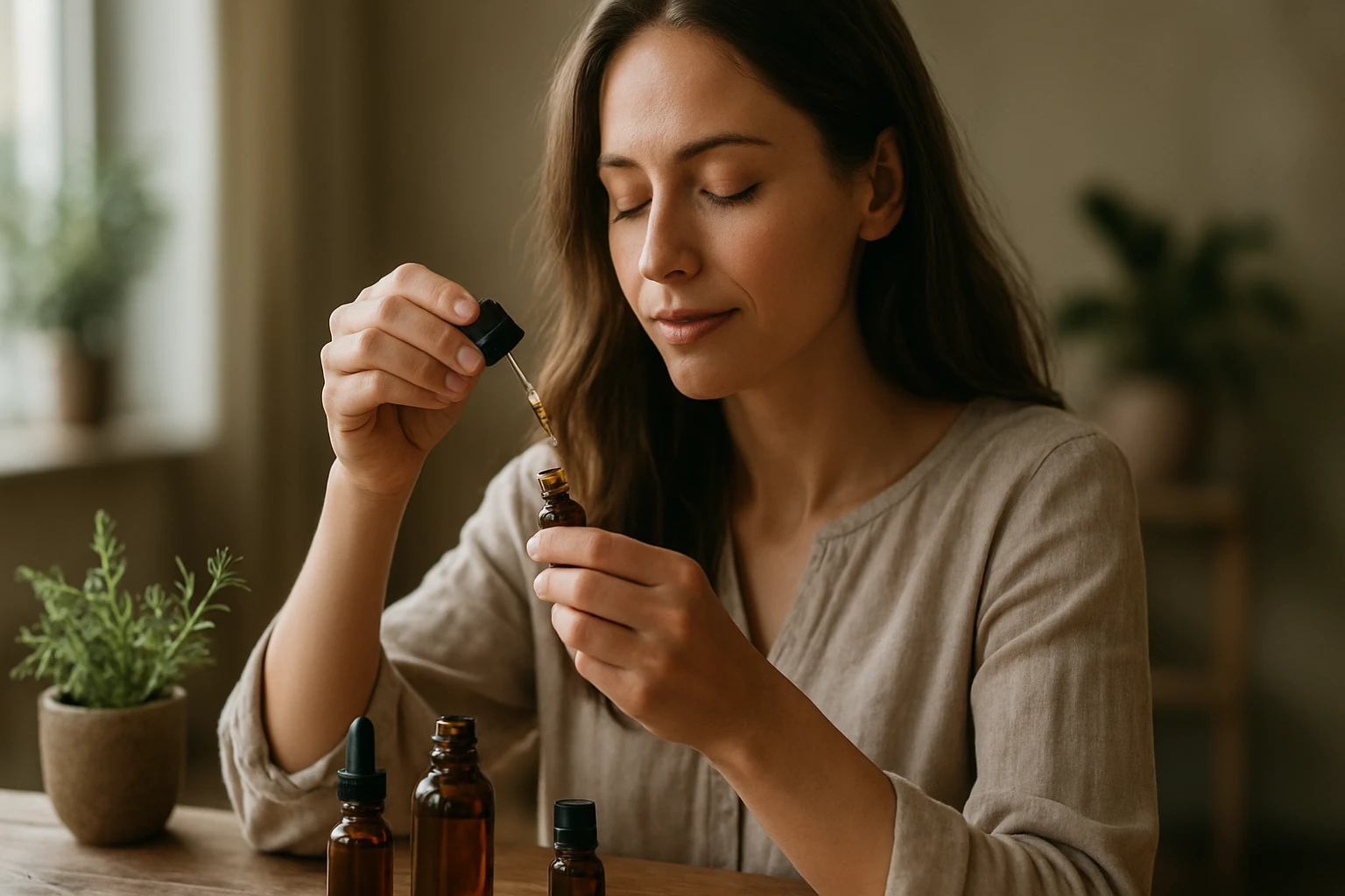 Žena používajúca esenciálne oleje pre zdravý život