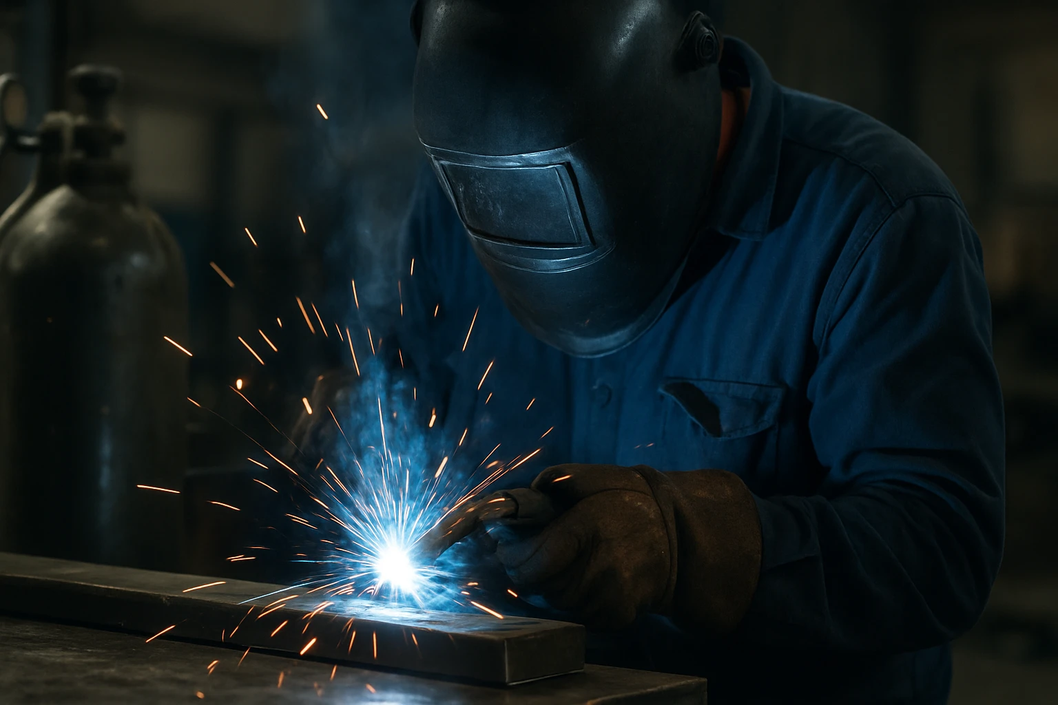 Zvárač pracujúci s CO zváraním, iskry a modré svetlo.