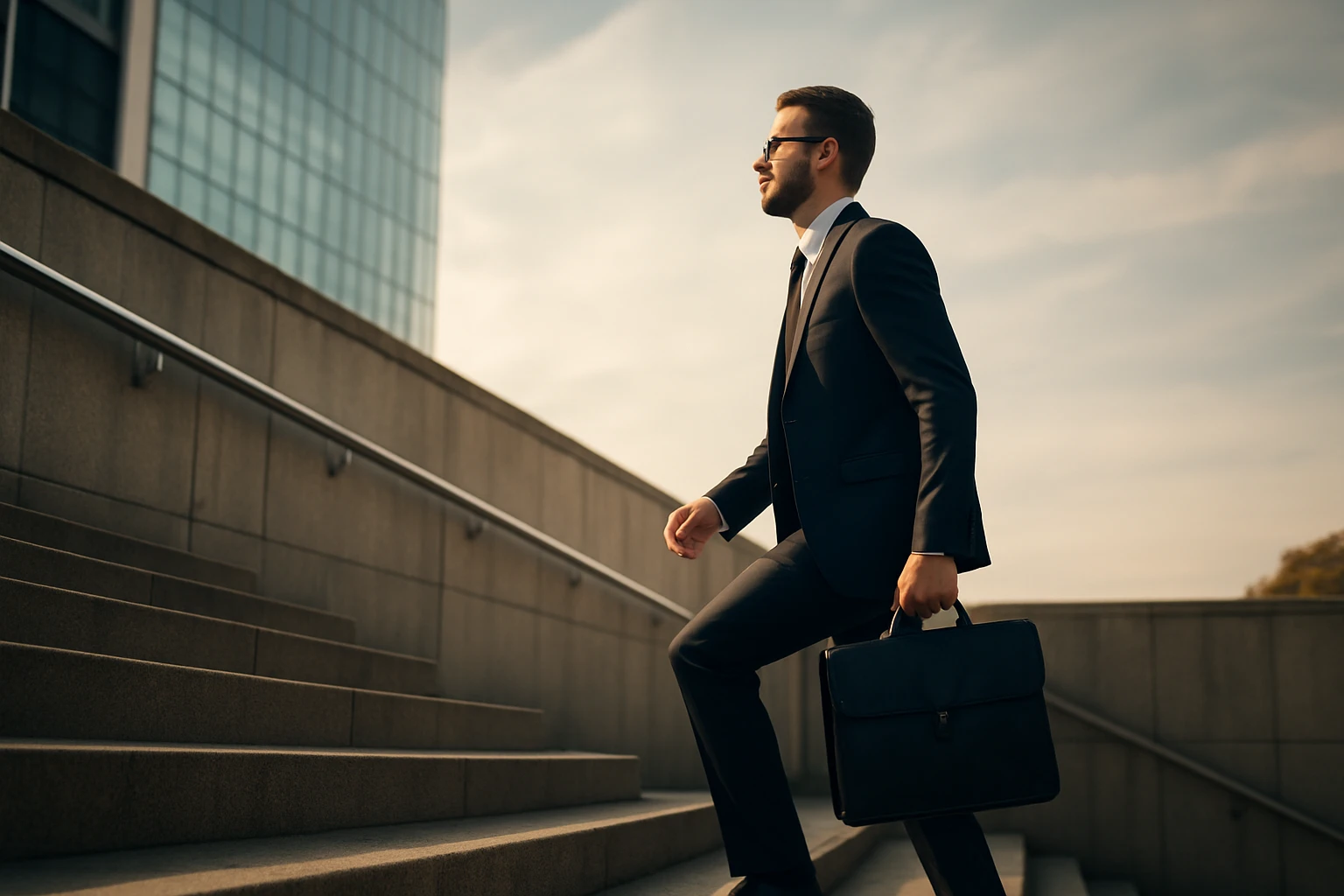 Muž v obleku kráčajúci po schodoch s aktovkou