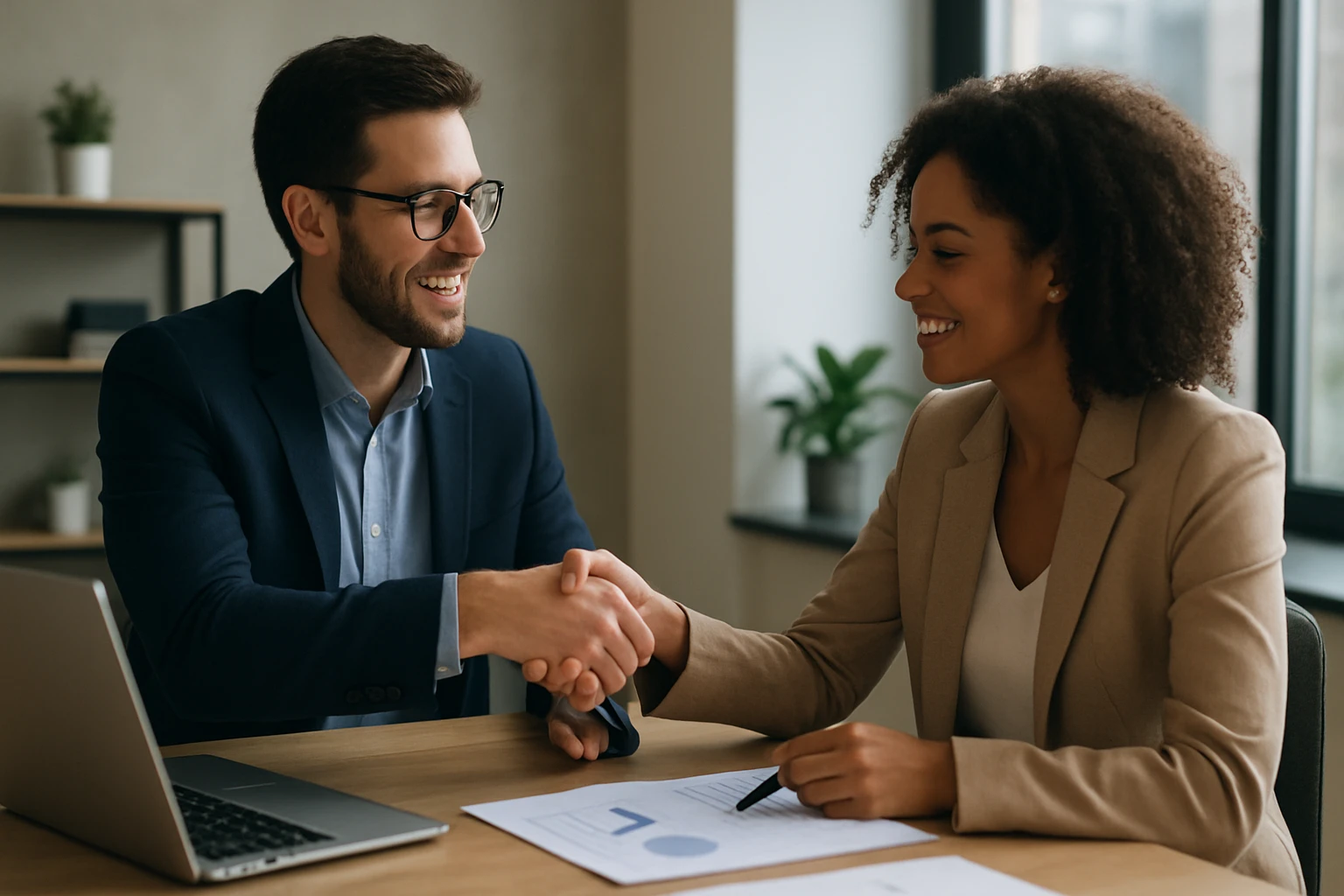 Dvojica profesionálov podáva ruku po úspešnom rokovaní.