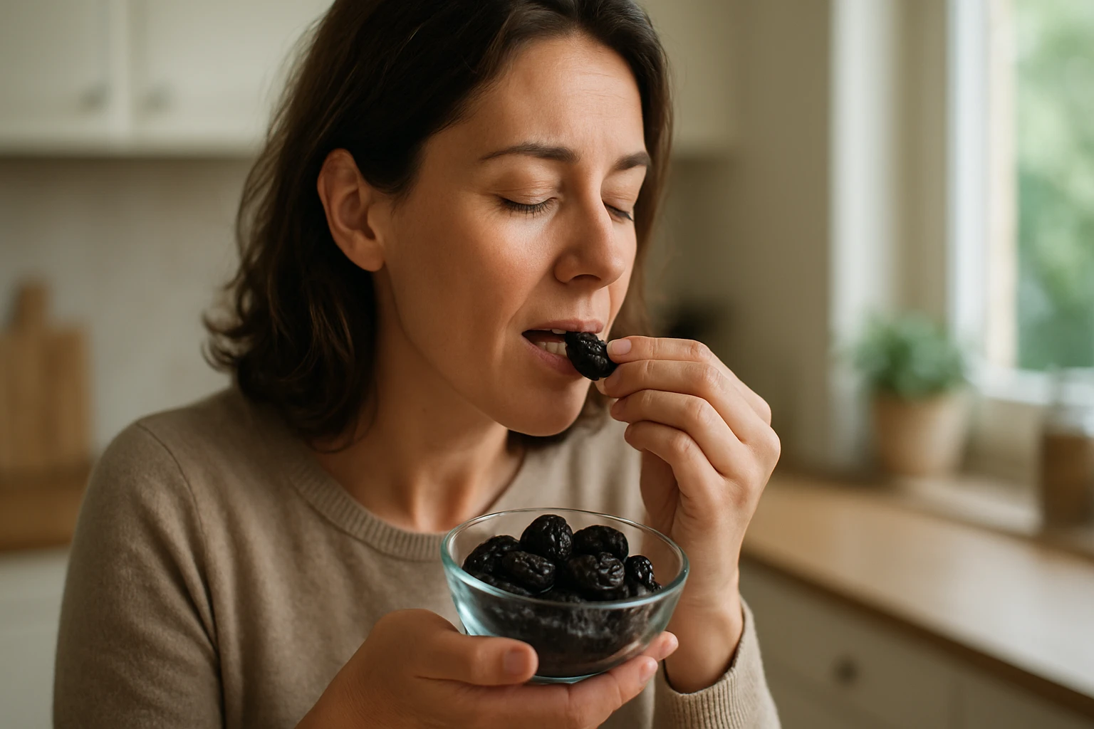 Žena vychutnáva sušené slivky v kuchyni.