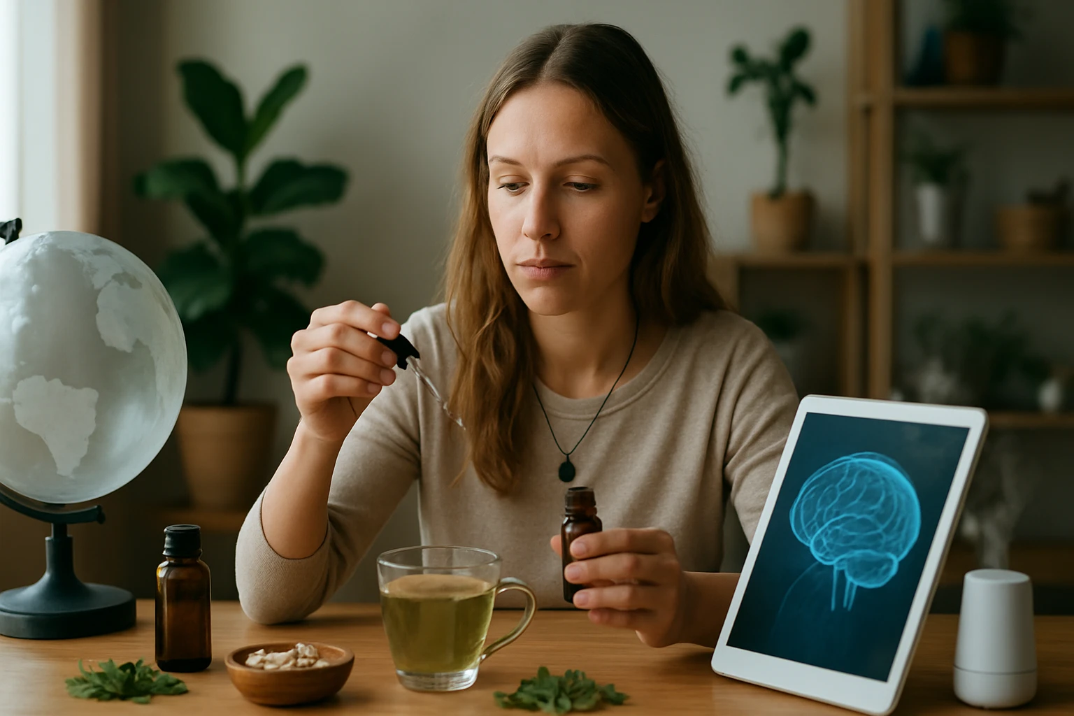 Žena pracuje s bylinnými liekmi a digitálnymi terapiami v alternatívnej medicíne.