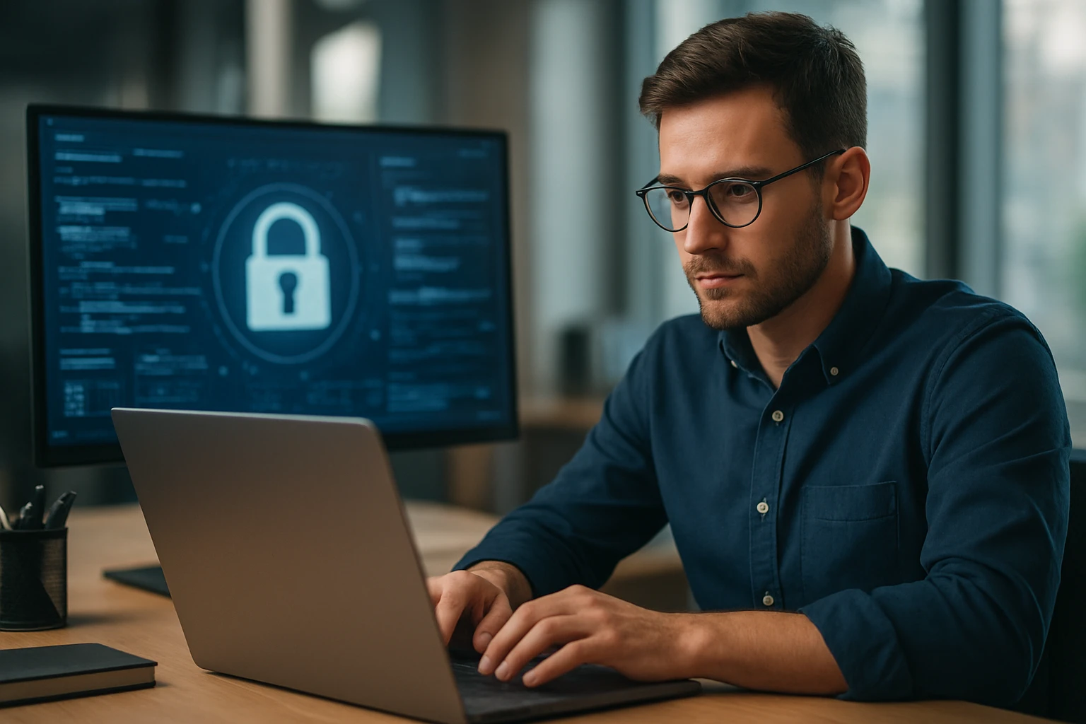Odborník na kybernetickú bezpečnosť pracujúci na počítači.
