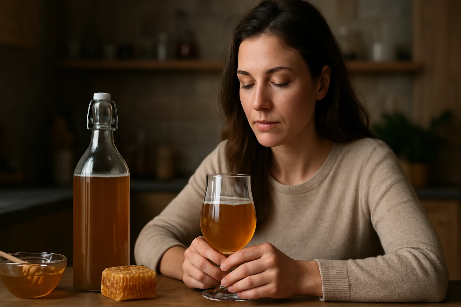 Žena si vychutnáva medovinu a odpočíva v intímnom prostredí.
