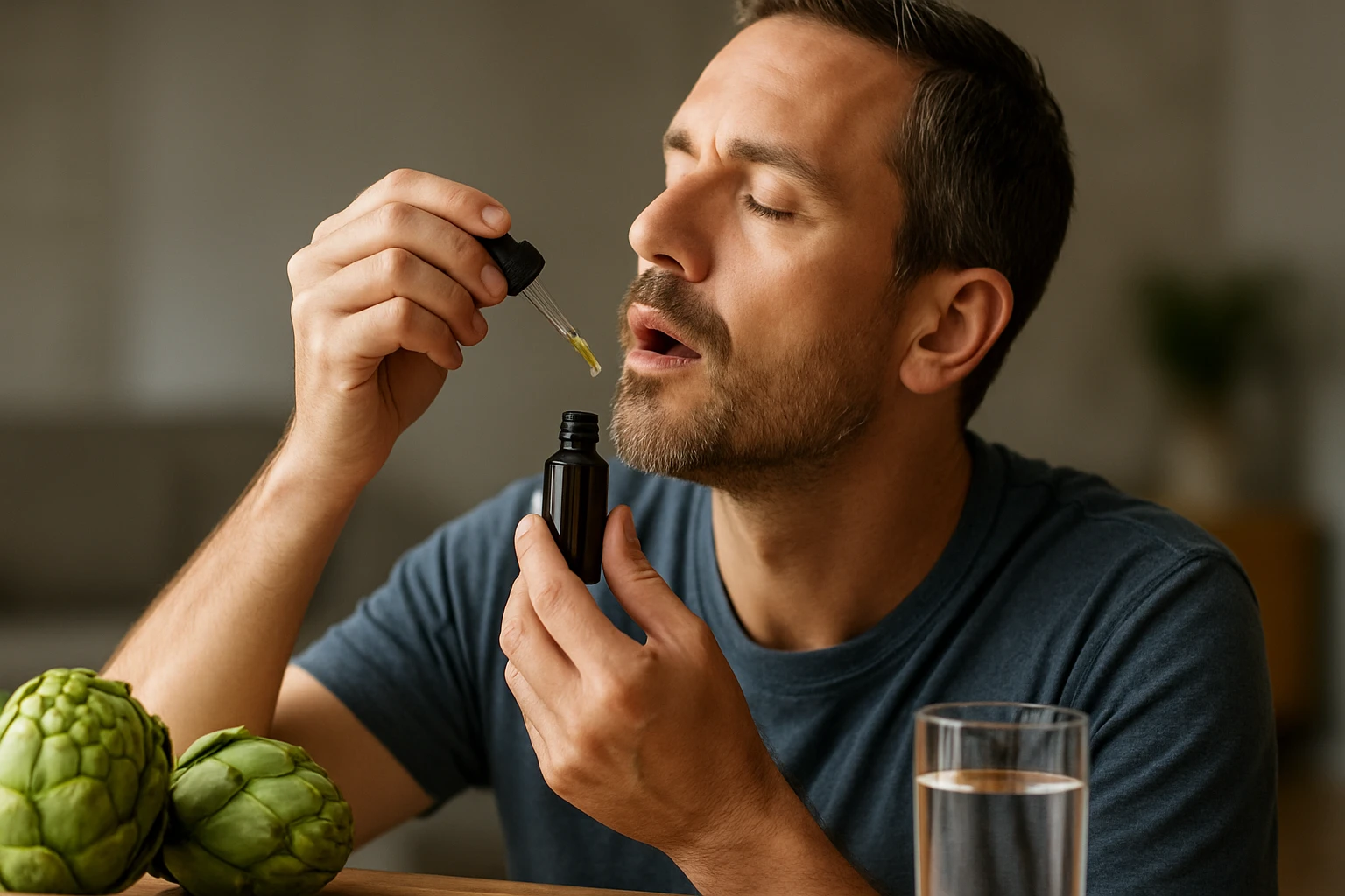 Muž užívajúci artičokové kvapky na podporu zdravia