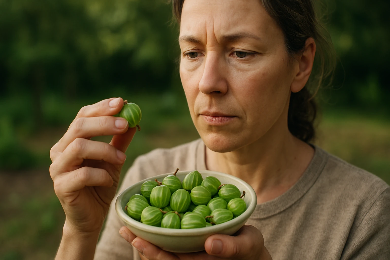 Žena hodnotí čerstvé egreše na pozadí prírody.