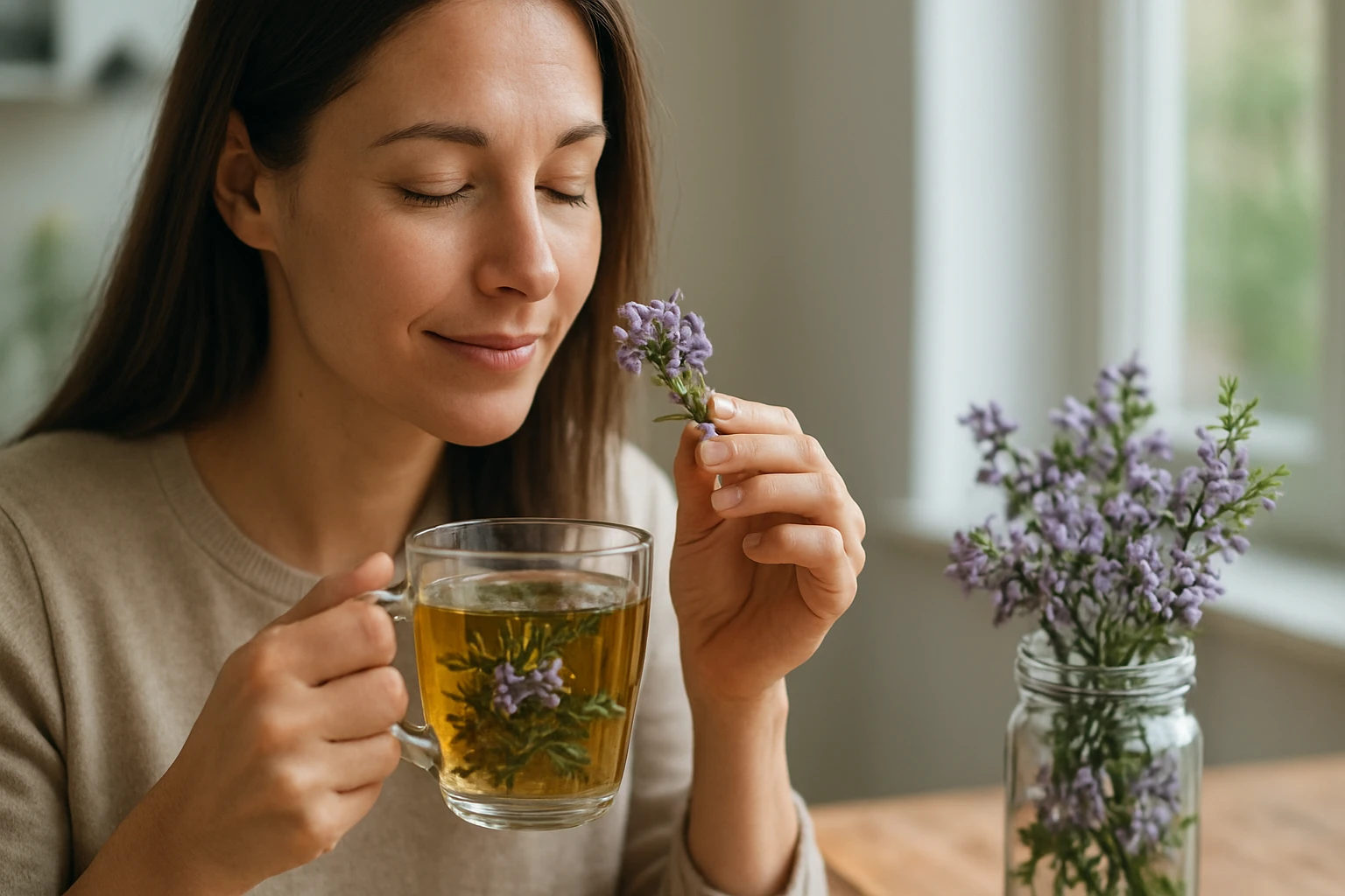 Žena vychutnáva čaj z trnkových kvetov na podporu zdravia a relaxáciu.