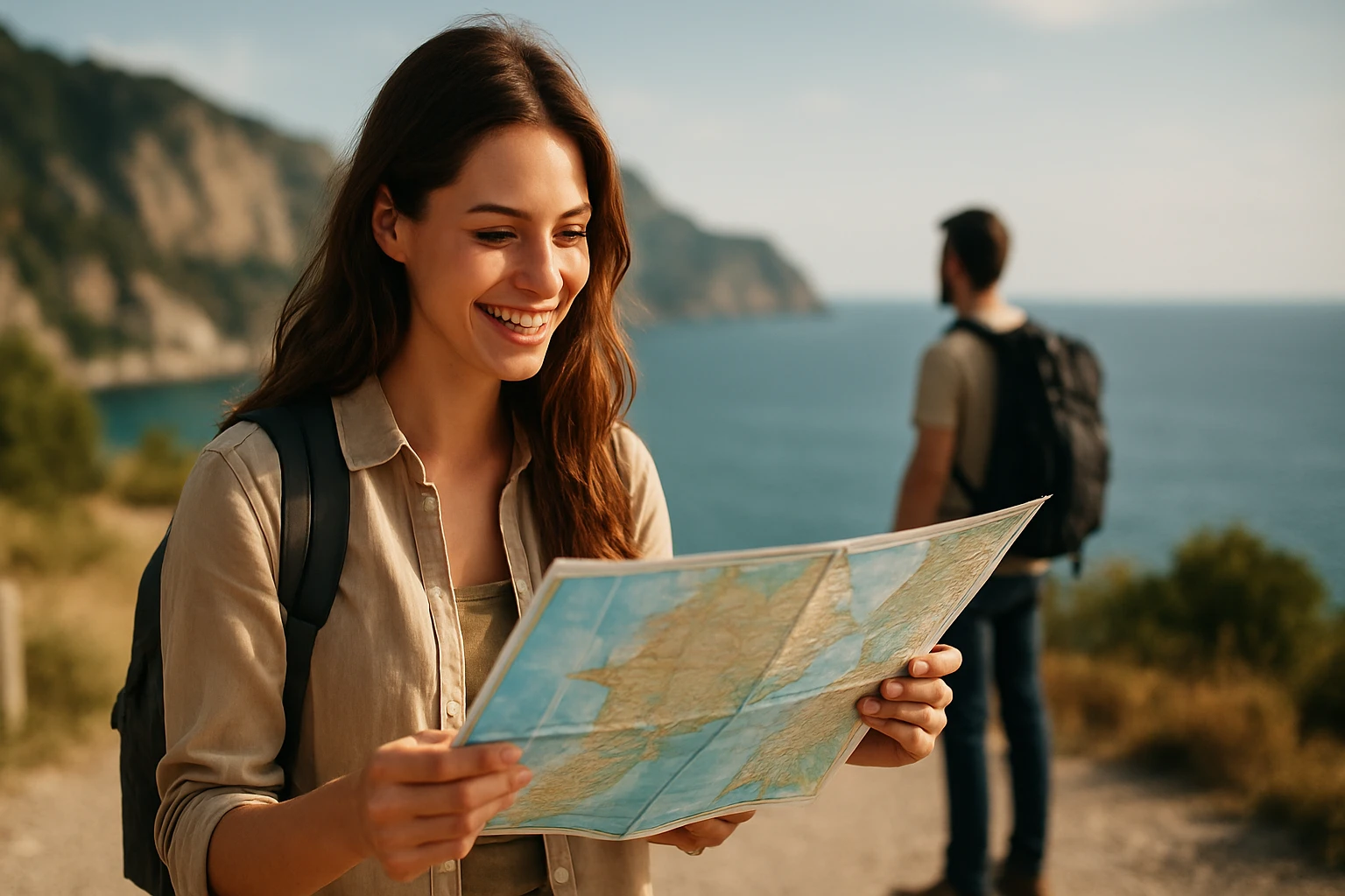 Žena s mapou sa usmieva, pričom plánuje cestu pri mori.