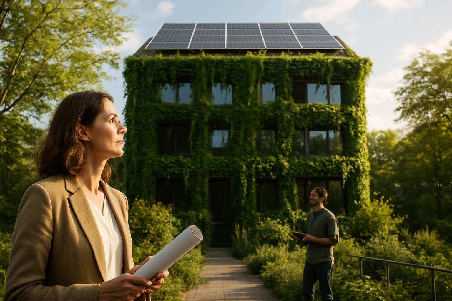 Žena a muž pred ekologickou budovou so solárnymi panelmi a zeleňou.