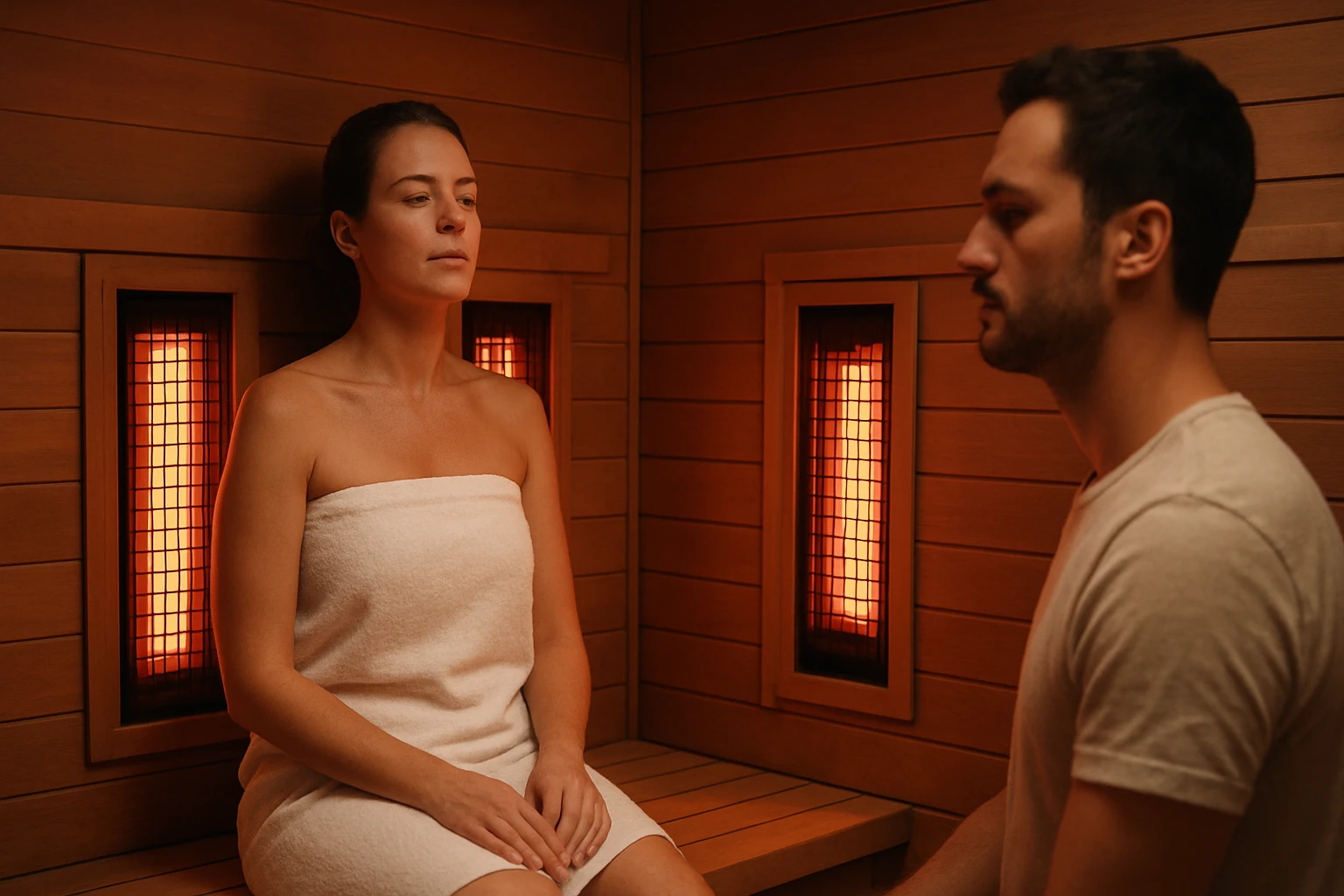 Pár relaxuje v infračervenej saune, obklopený teplom a svetlom.