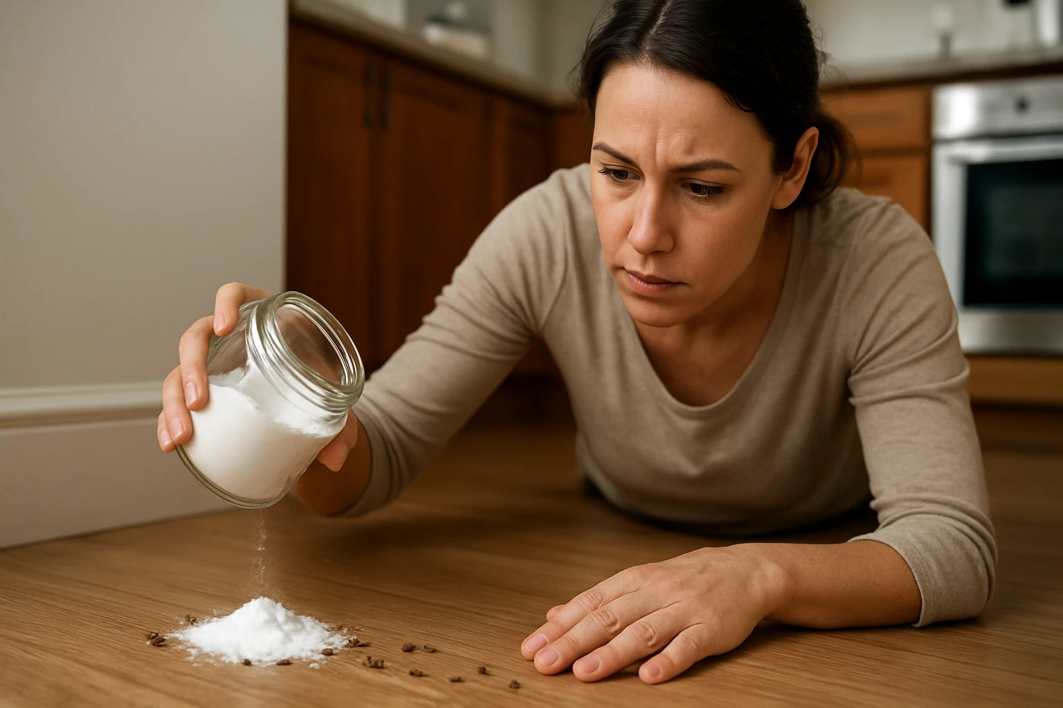 Žena posypáva jedlou sodu na podlahu, aby odstránila mravce.
