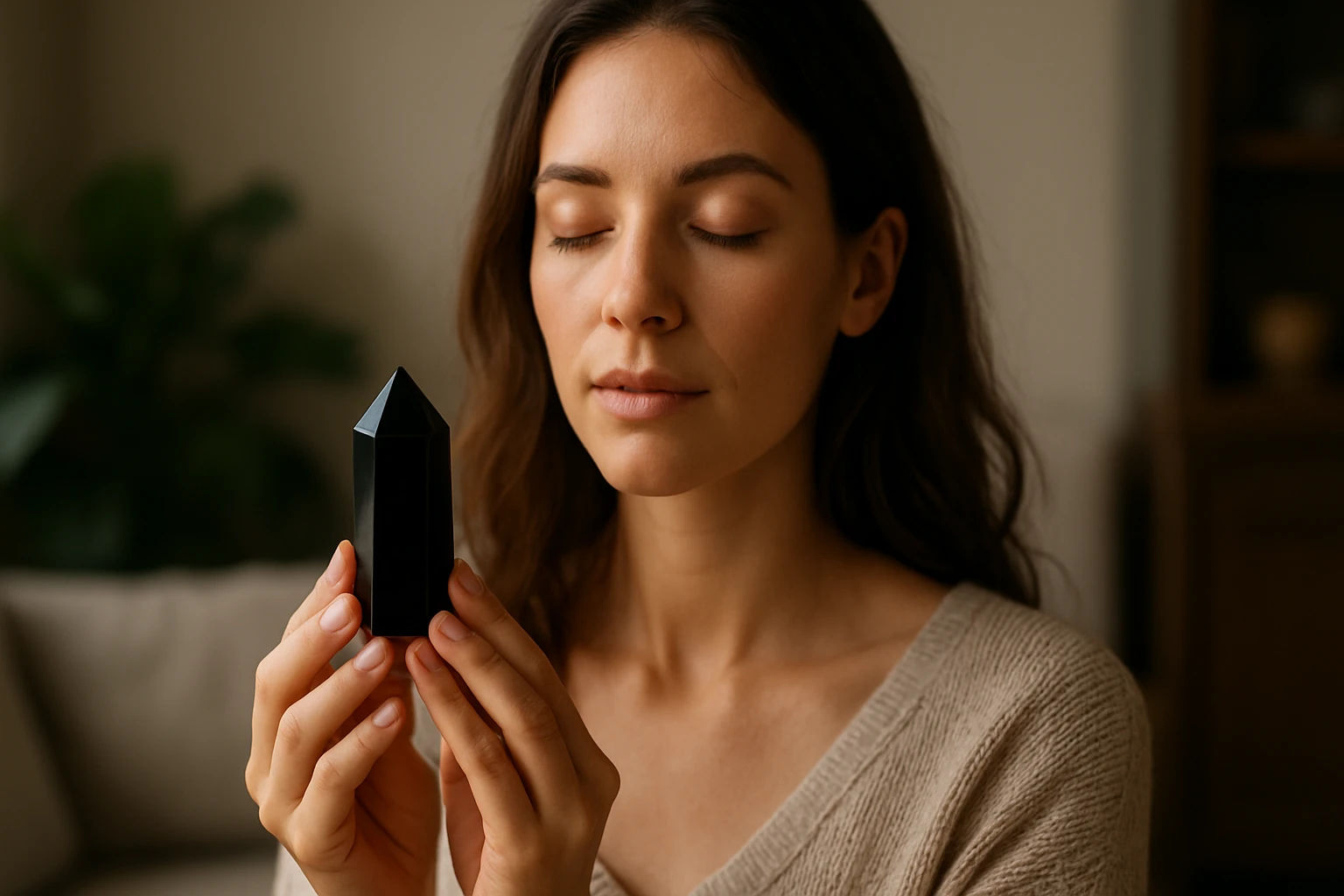 Žena meditujúca s čiernym ónyxovým kryštálom v ruke.