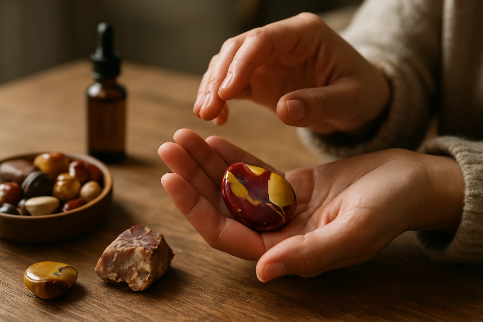 Ruka drží mokait, prírodný kameň pre zdravie a vitalitu.