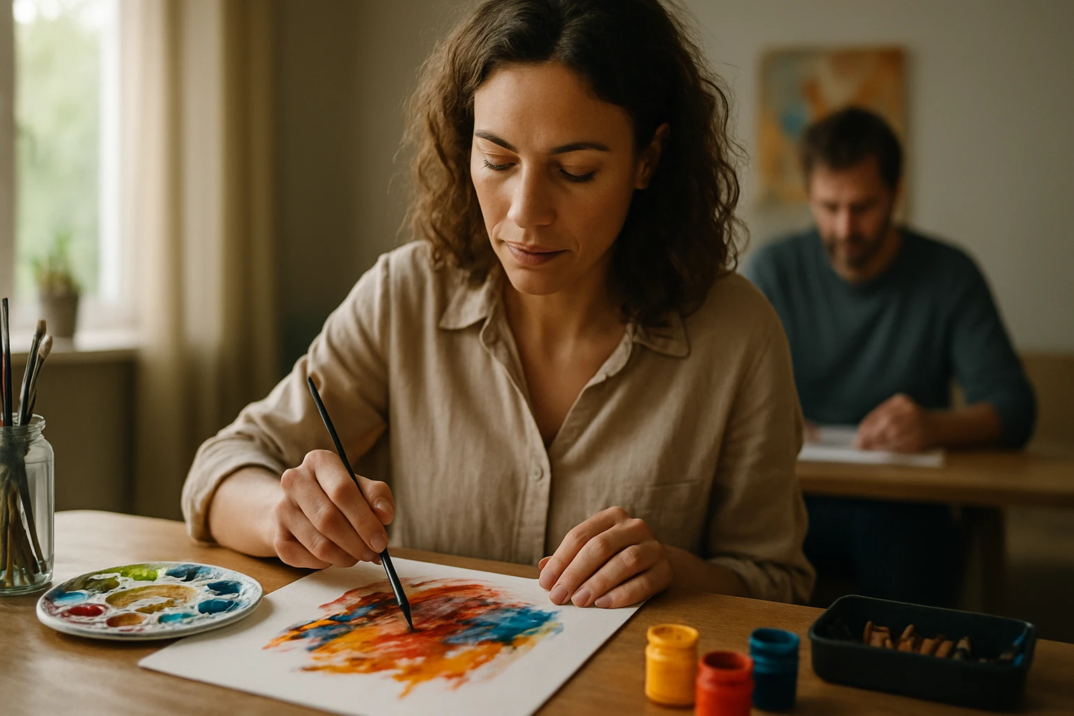 Žena maľujúca farbami v arteterapii na zlepšenie duševného zdravia.