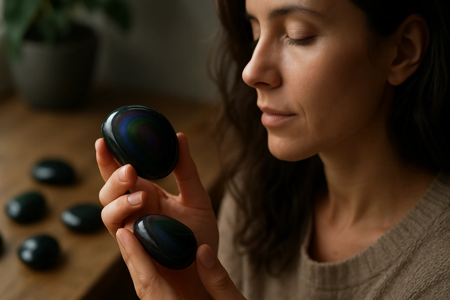 Žena drží dúhový obsidián a zažíva jeho pozitívne účinky.