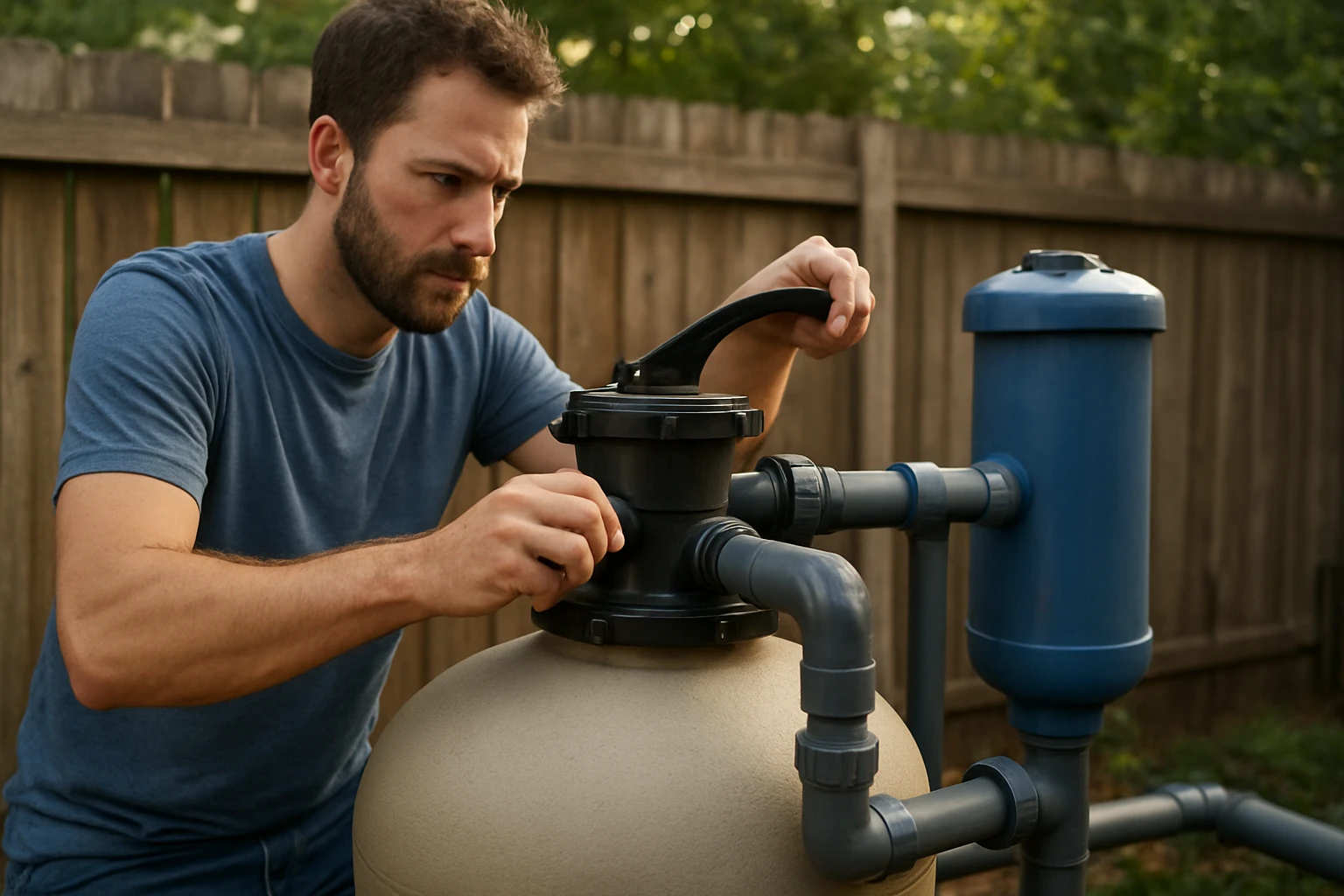 Muž nastavuje pieskový filter s prepínacím ventilom na čistenie vody.