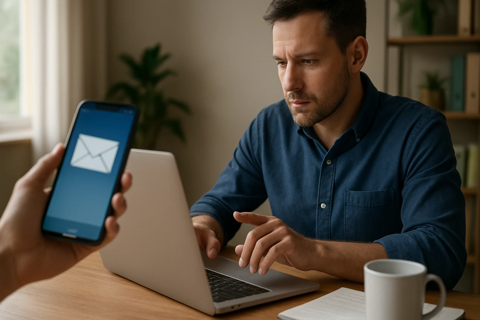 Muž kontrolujúci e-maily na notebooku s mobilom v ruke