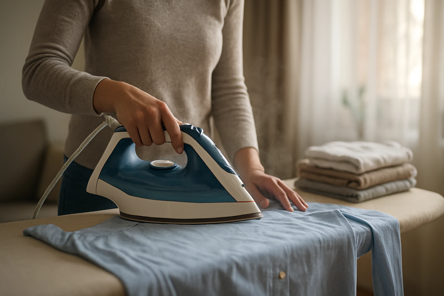 Osoba žehliaca modrú košeľu parnou žehličkou doma.