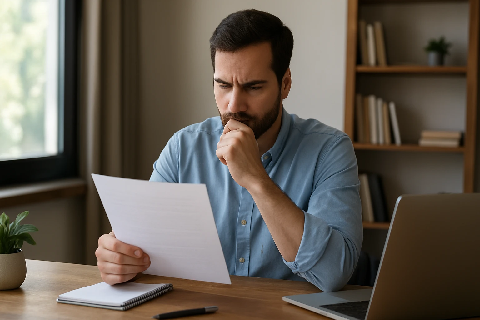Muž premýšľa nad dokumentom pri stole s notebookom.