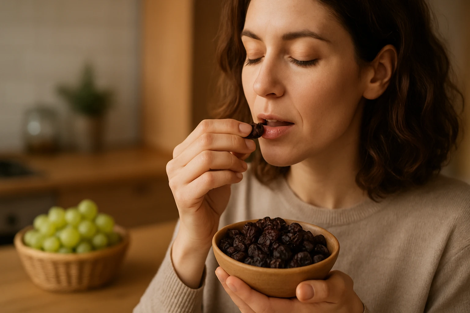 Mladá žena si vychutnáva hrozienka plné antioxidantov.