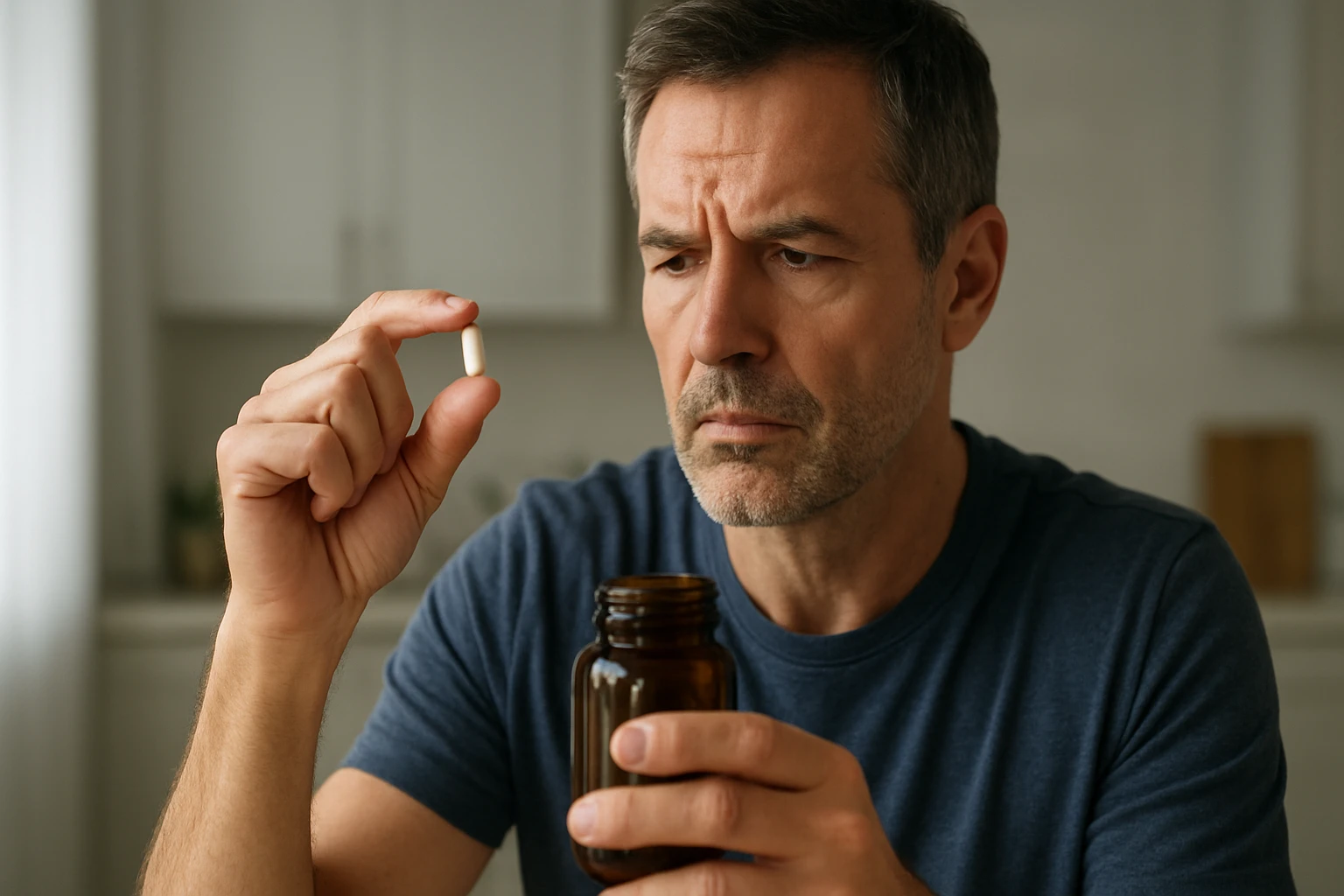 Muž drží kapsulu L-arginínu a pozorne ju skúma.