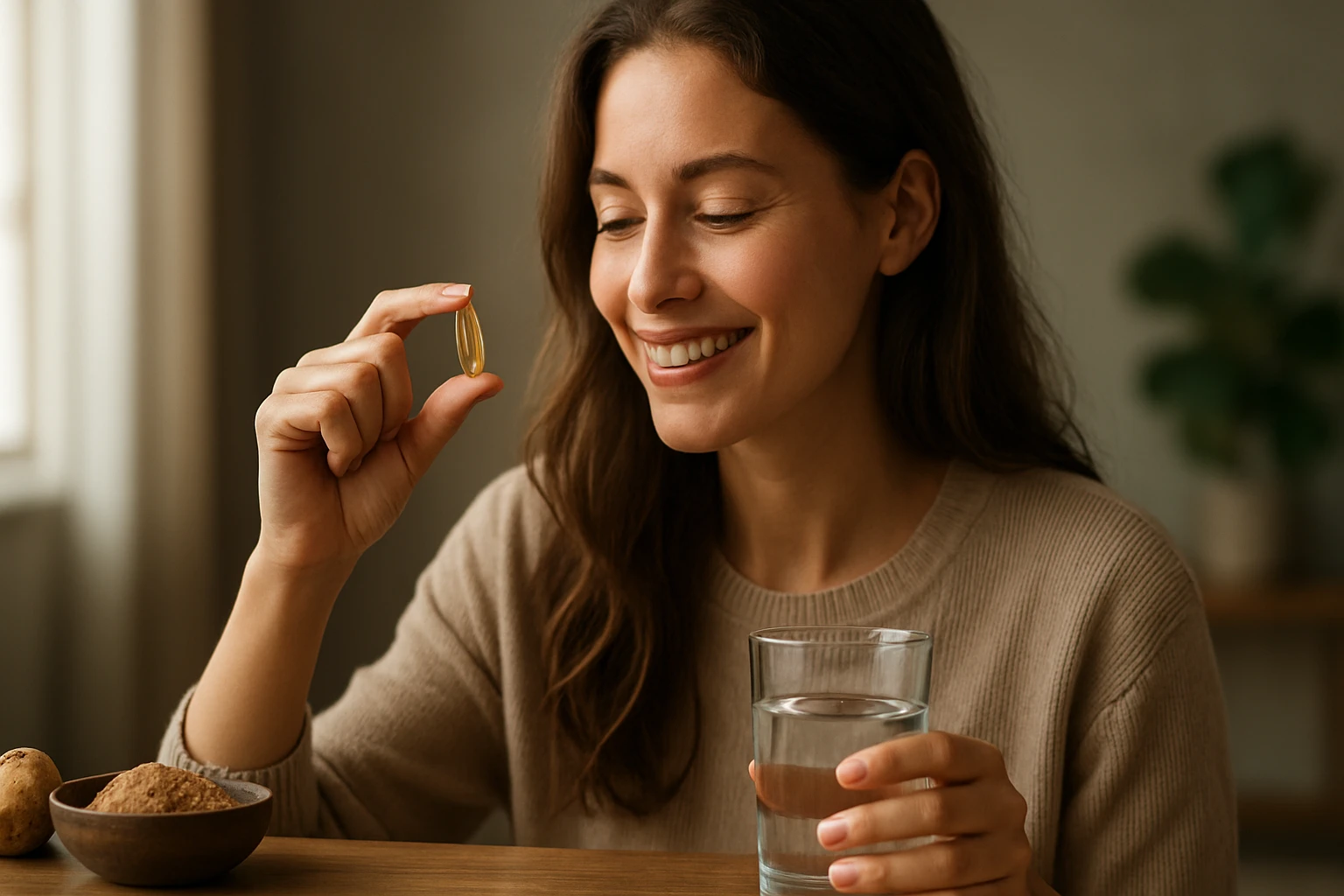Žena sa usmieva a drží kapsulu maca pri pohári vody.