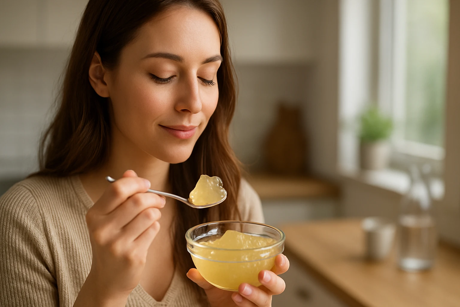 Žena vychutnávajúca si želatínu pre zdravie a krásu