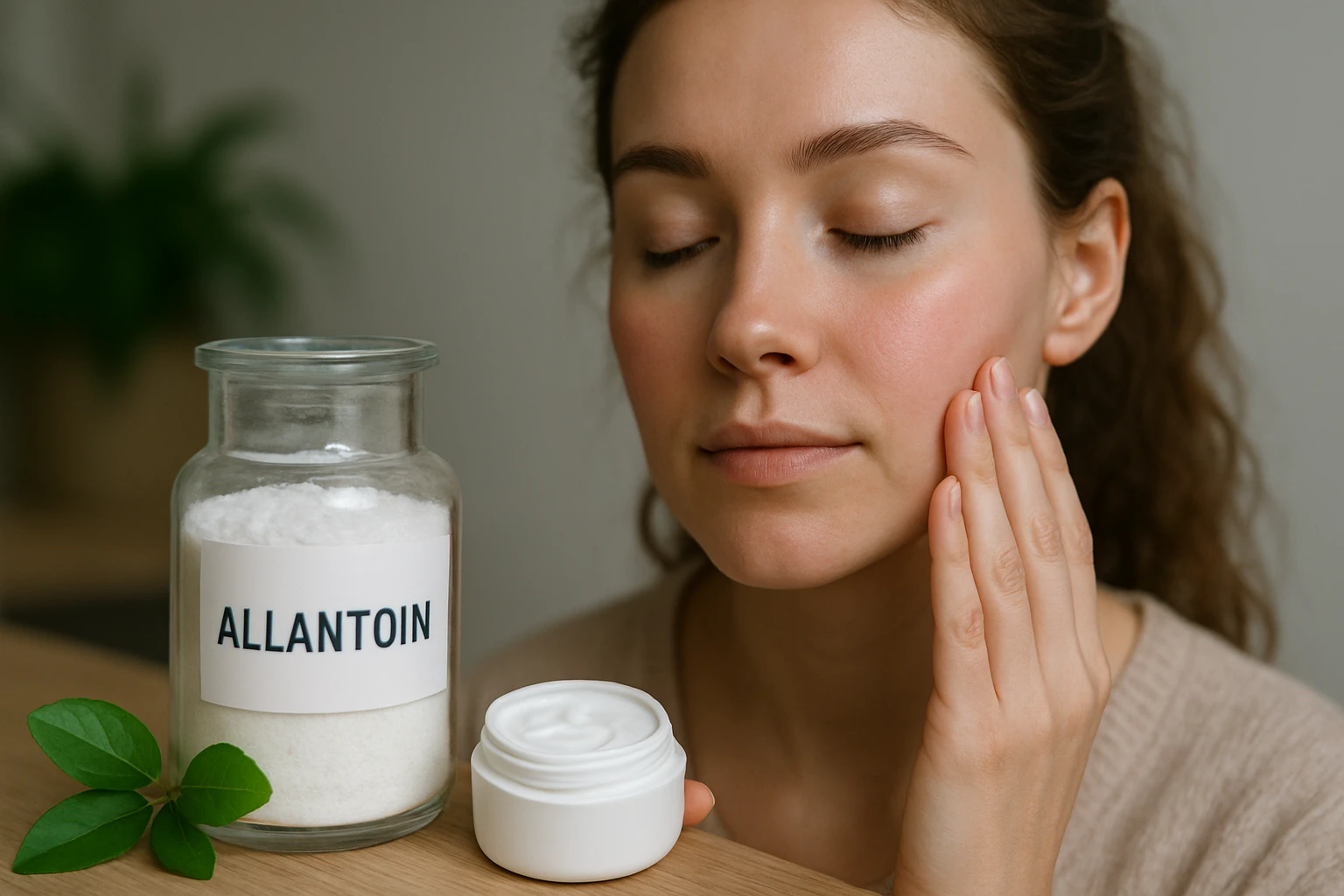 Žena s hladkou pokožkou a krémom s allantoinom na pultíku.