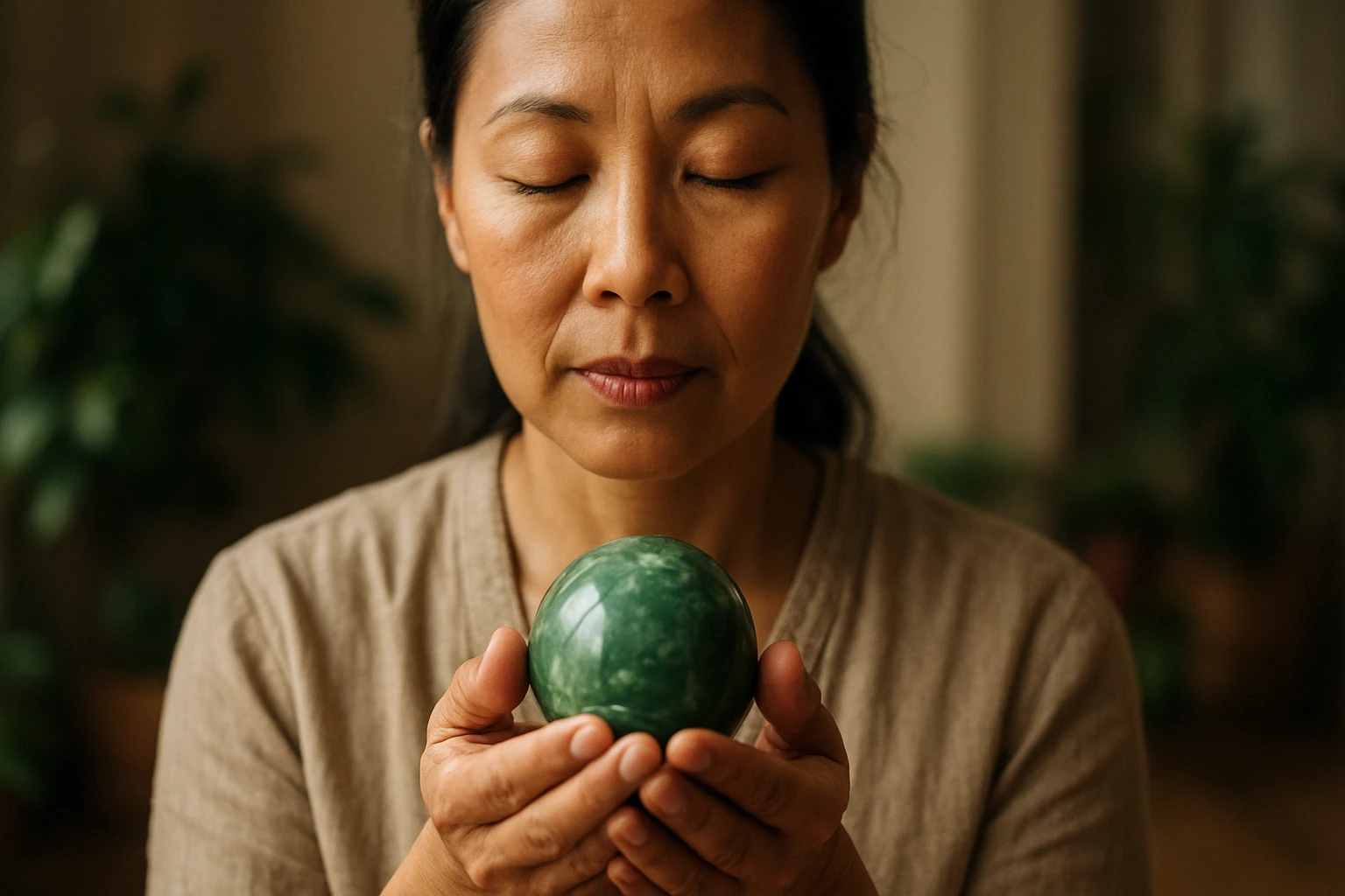 Žena s jadeitovou guľou, symbol duchovnej sily a liečivých vlastností.