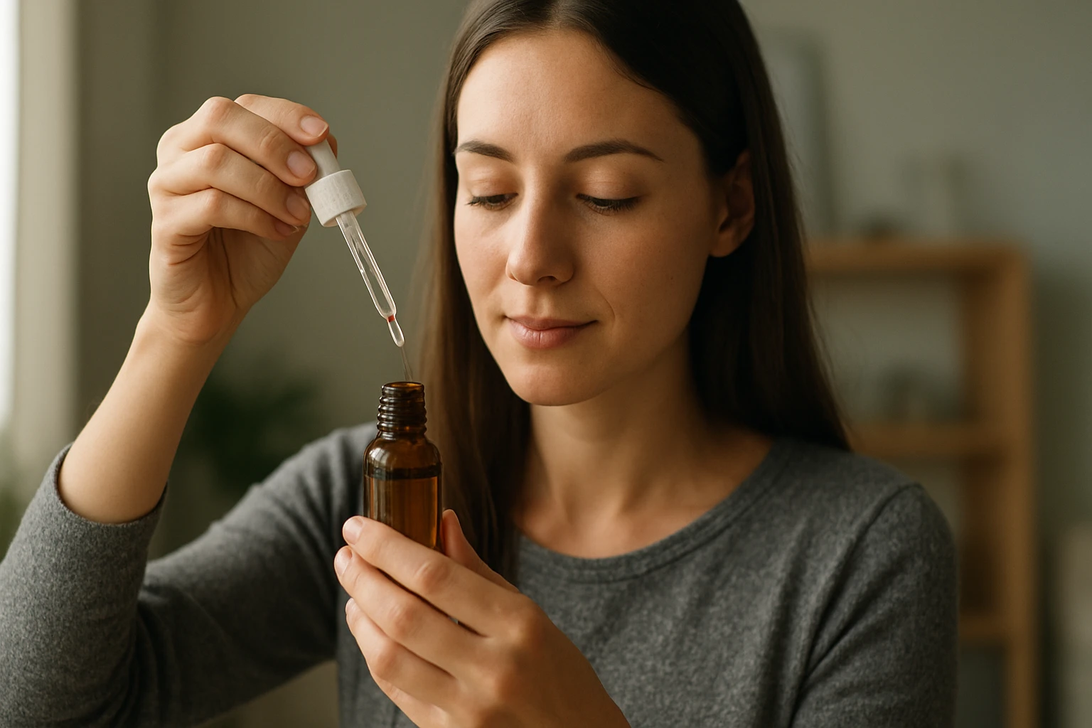 Žena drží kvapkadlo nad fľašou s koloidným striebrom pre zdravie.