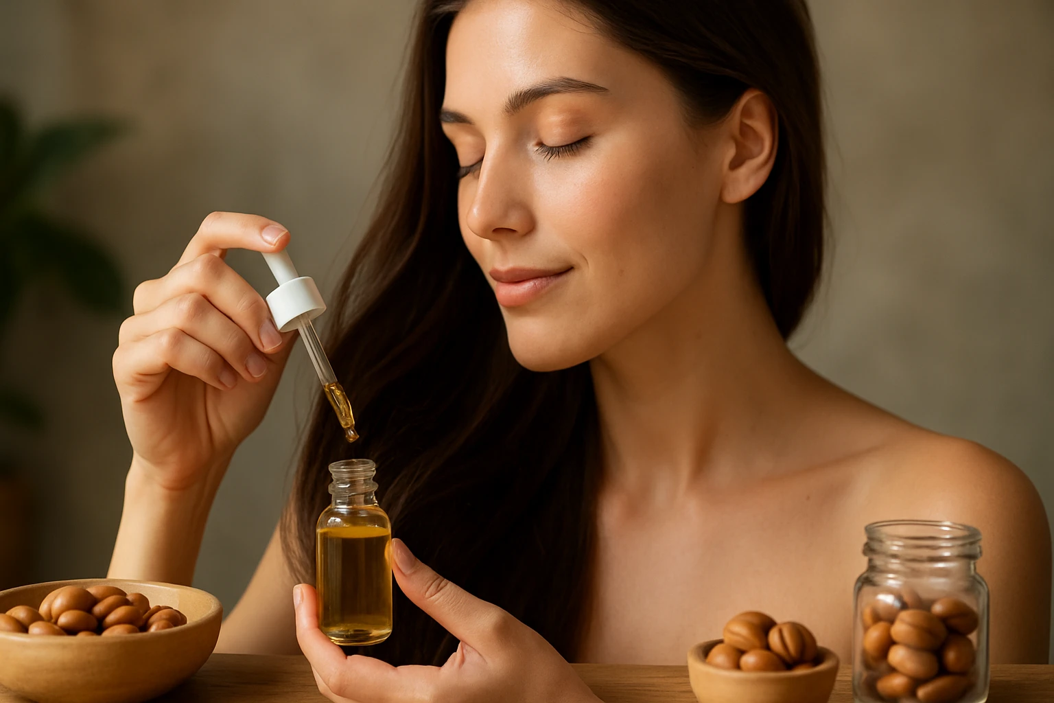 Žena aplikuje arganový olej na zdravé vlasy
