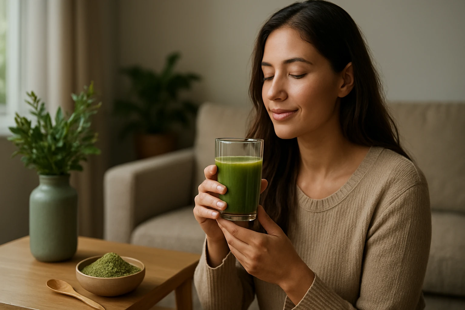 Žena si vychutnáva zelený smoothie s COTIFIBRA pre dokonalú pohodu.