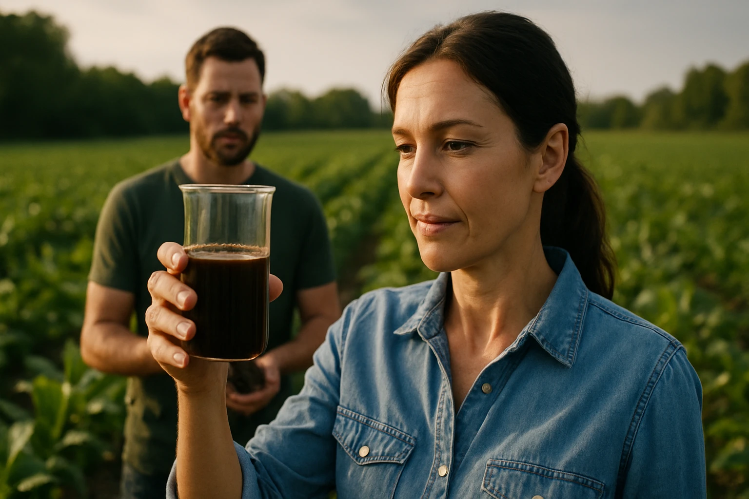 Žena skúma humínovú kyselinu v poľnohospodárskom prostredí.