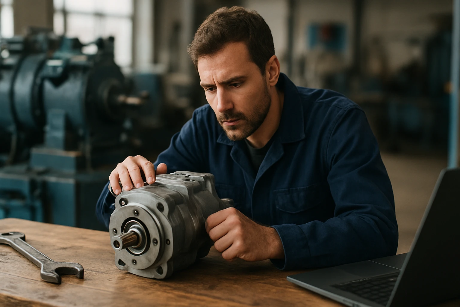 Technik skúma hydromotor na pracovnom stole