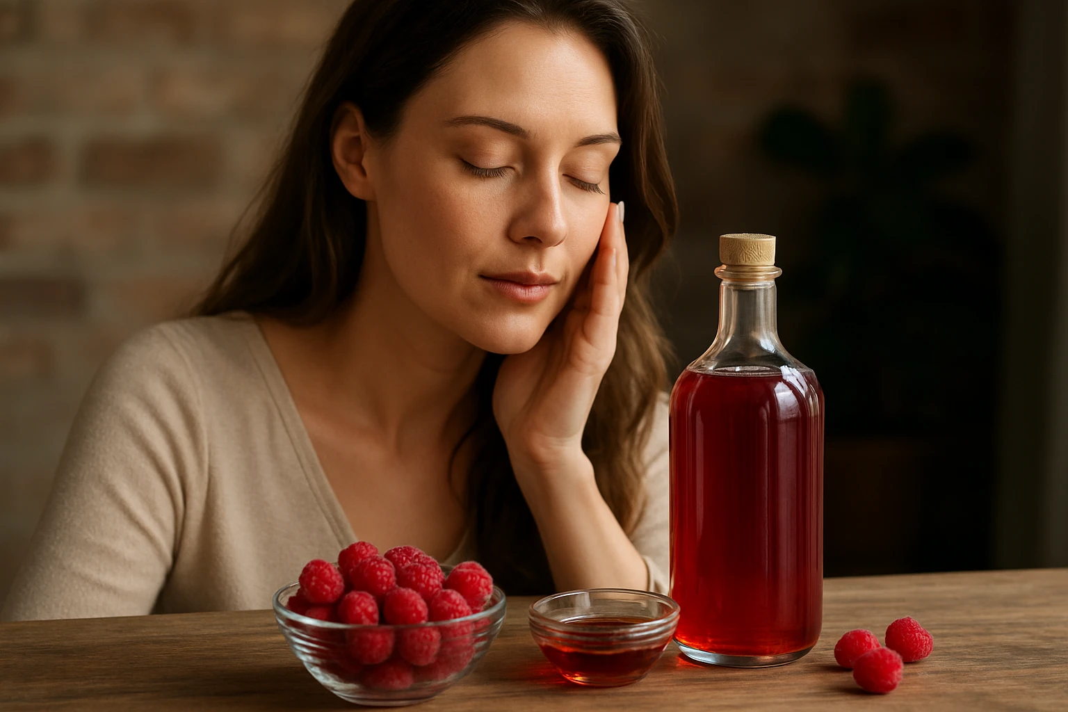 Žena s malinovým octom a malinami pre krásu a zdravie