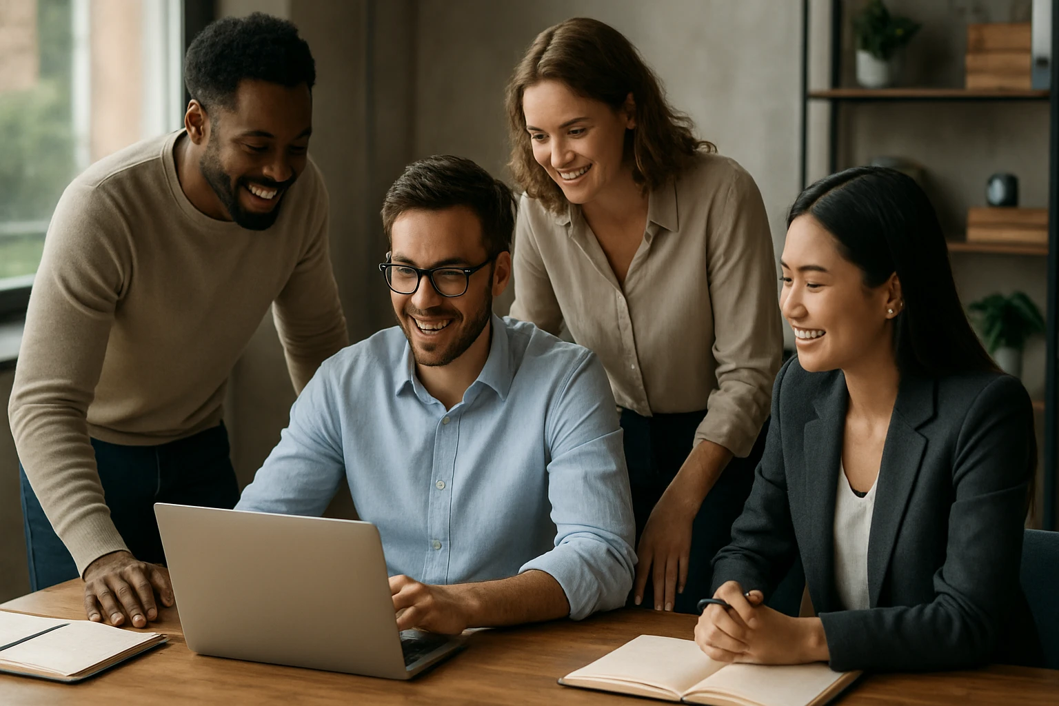 Tímová práca: štyria profesionáli sa spolu zameriavajú na projekt.