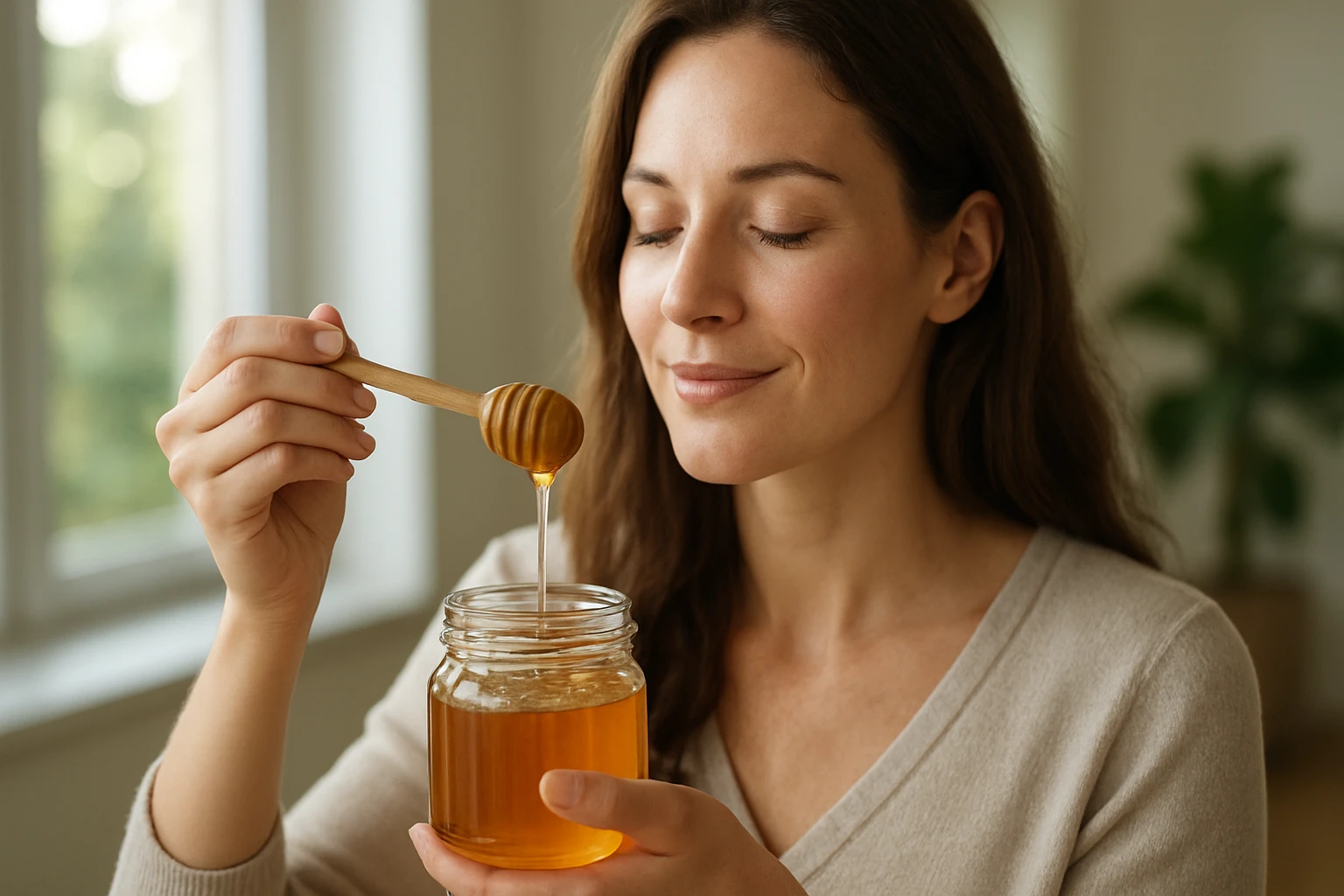 Žena si užíva medovú rosu, prírodnú zložku bohatú na antioxidanty.
